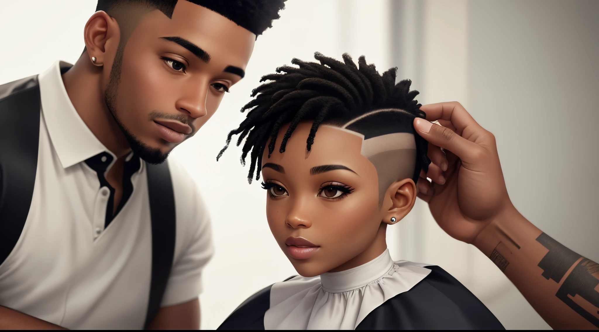 A black barber cutting a mixed race customer's hair