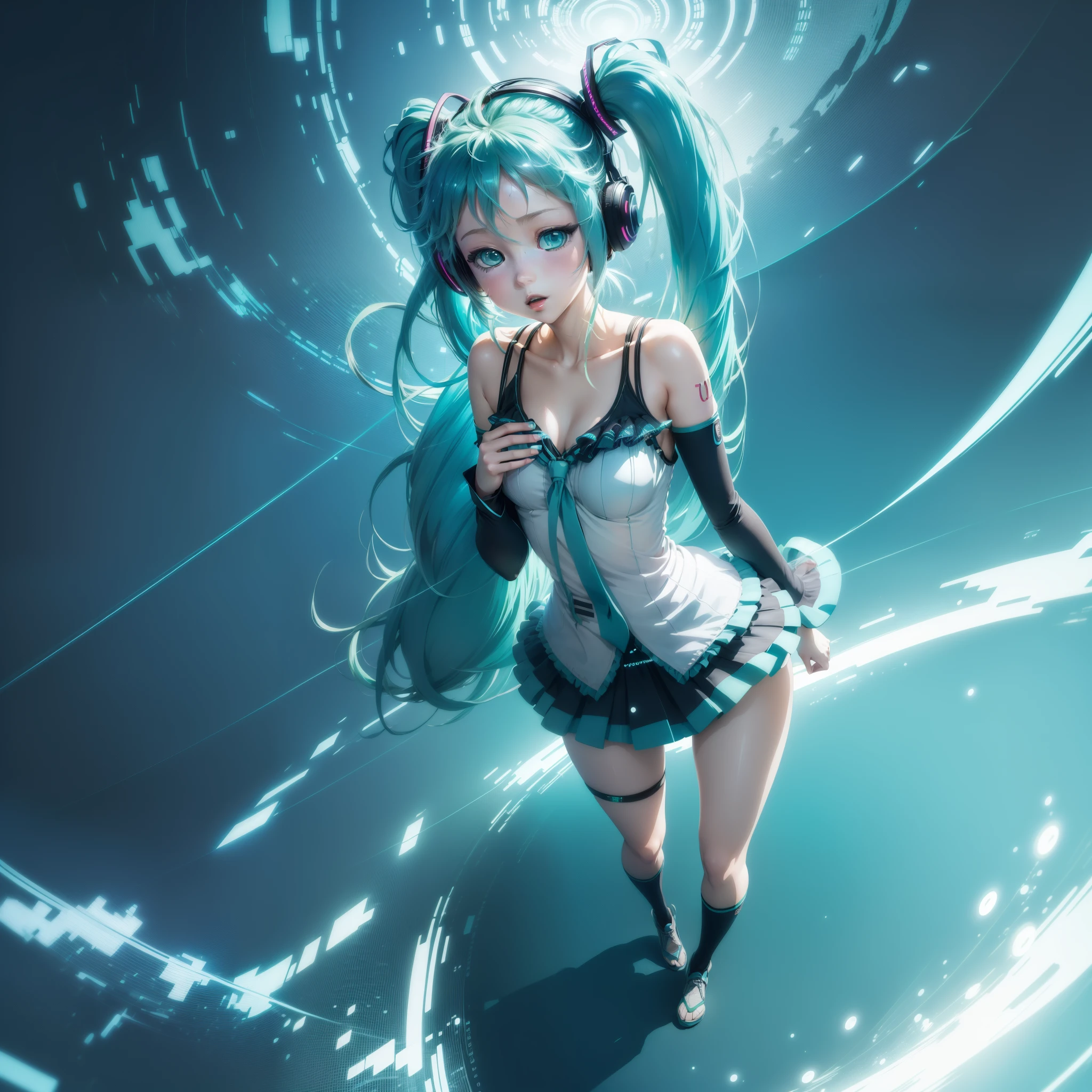 ((best illustration, anime style, full body shot, 1 girl, Hatsune Miku)), blue and turquoise hair, headphones, big blue eyes, dynamic pose, floating, ethereal background, light rays, neon lights, holographic effects.