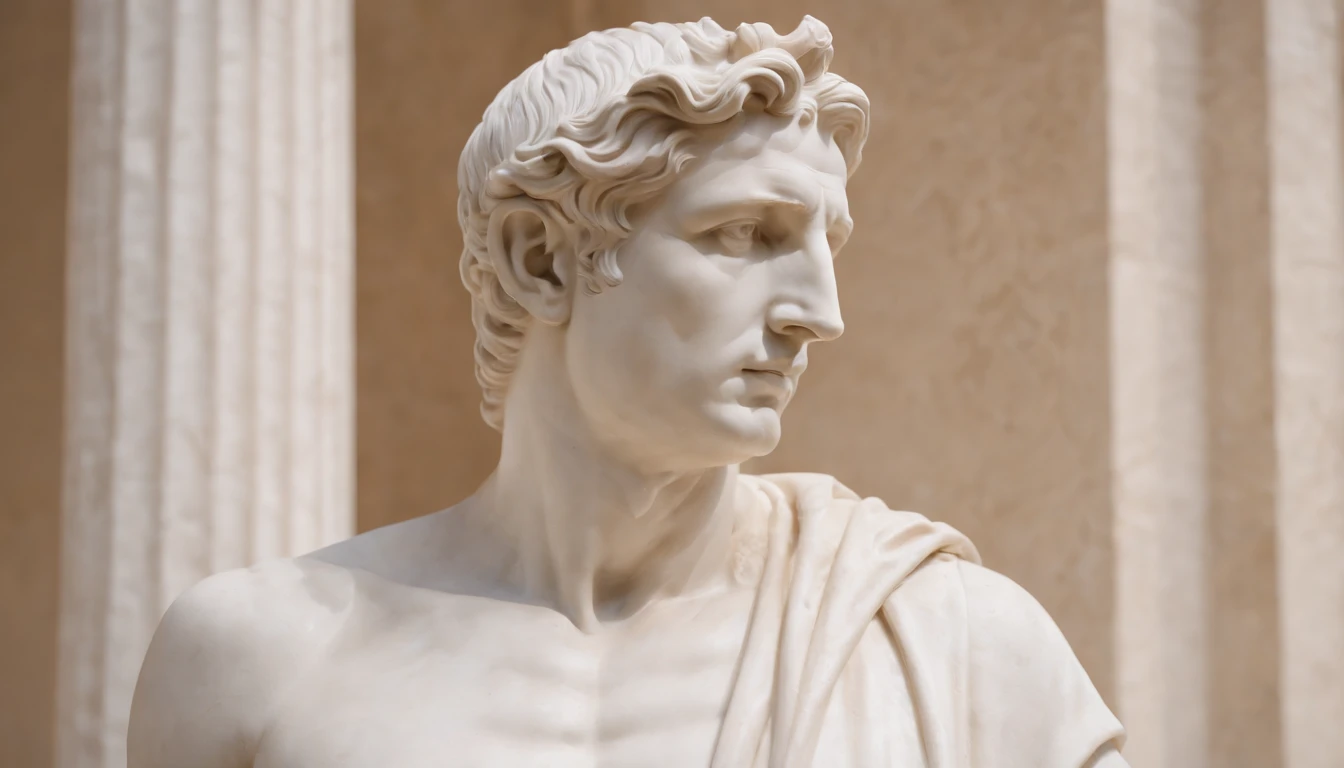 A strong statue with an athletic ivory body, of a thinker, with a serious face. The statue uses an ivory cloak to cover only the lower part. Use Michelangelo's David as a reference.