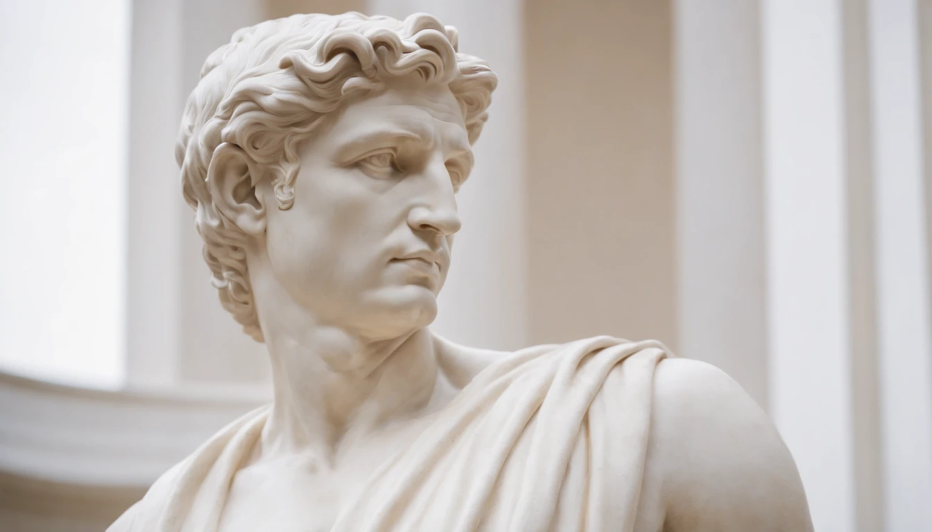 A strong statue with an athletic ivory body, of a thinker, with a serious face.  The statue uses an ivory cloak to cover only the lower part. Use Michelangelo's David as a reference.