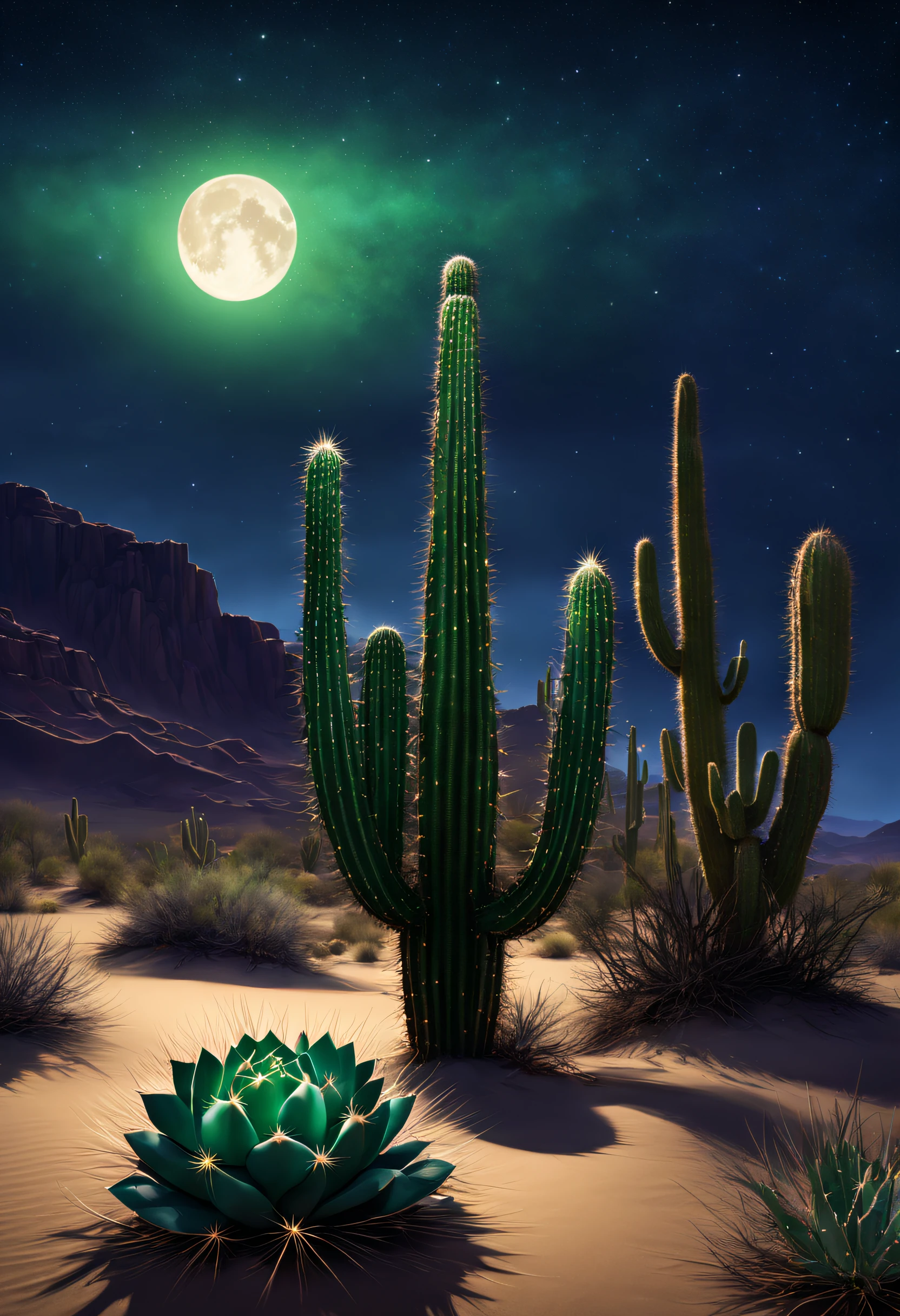 (best quality,highres,masterpiece:1.2),extremely detailed shining emerald green cactus in the desert at night,starlight illuminates the surroundings,vibrant colors,bokeh,enchanted desert landscape,detailed cactus needles,glimmering night sky,serene and mystical ambiance,photo-realistic representation,soft moonlight casting shadows,impeccable detailing on the cactus,unique and alluring desert atmosphere,subtle sand dunes in the background,meticulously textured cactus skin,nighttime desert oasis,fascinating contrast of darkness and illumination,crystal clear silhouette of the cactus against the starry sky,dreamlike desert scenery,pinpricks of light dancing in the distance,mesmerizing shades of blue and purple in the night sky,quiet and tranquil desert setting,placid reflection of the stars on the sand,elusive nocturnal creatures hiding amongst the cactus,ethereal beauty of nature,whispering winds gently caressing the landscape.