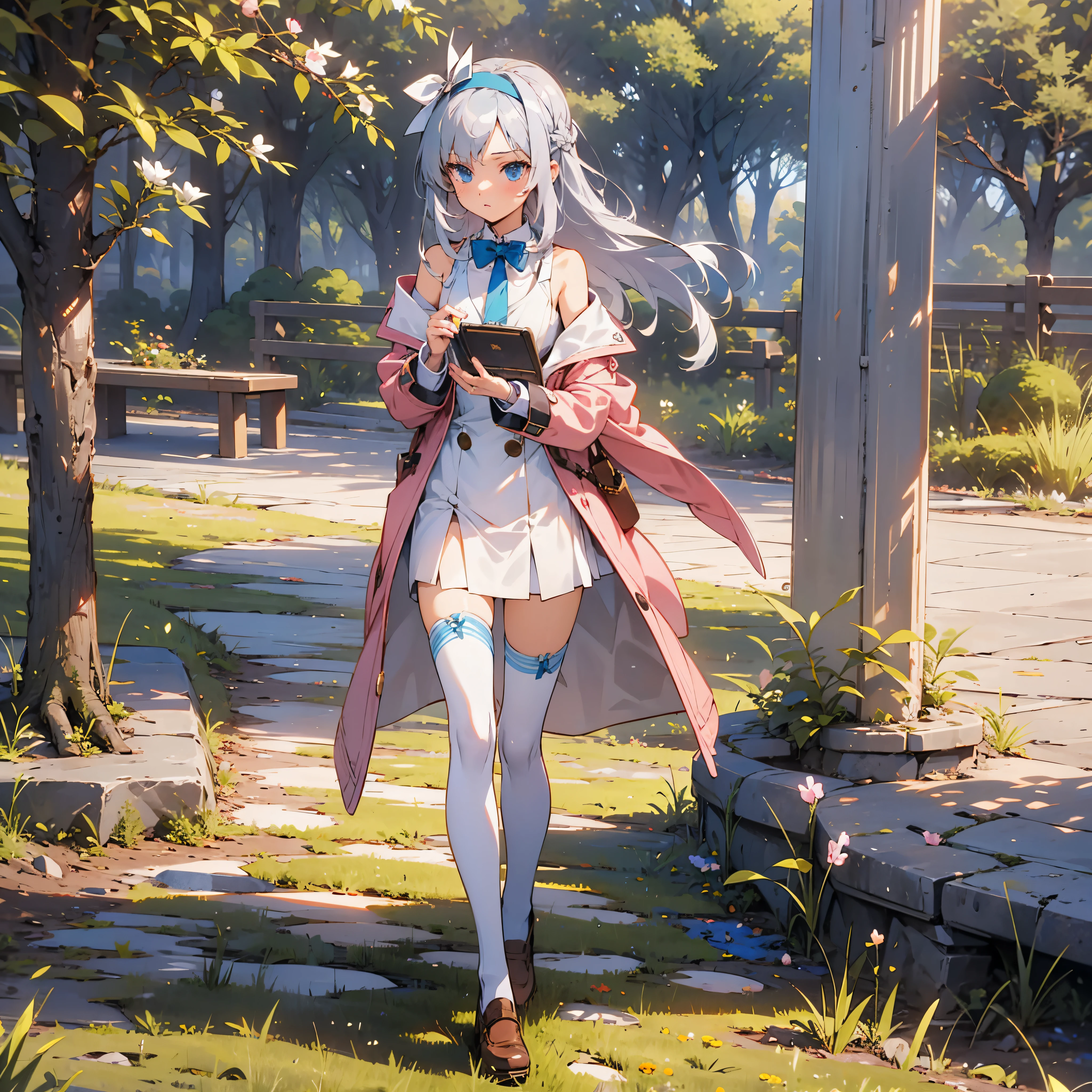 (best quality,highres,masterpiece:1.2), ultra-detailed, (anime:1.2), a girl, silver hair, blue eyes, headband, bow, M-shaped bangs, sideburns, medium-length hair, contemplating, sleeveless dress, pastel pink coat, coat partially unbuttoned, white_thigh_stockings, tie, headband, bow tie,, flat leather shoes, strolling in the park