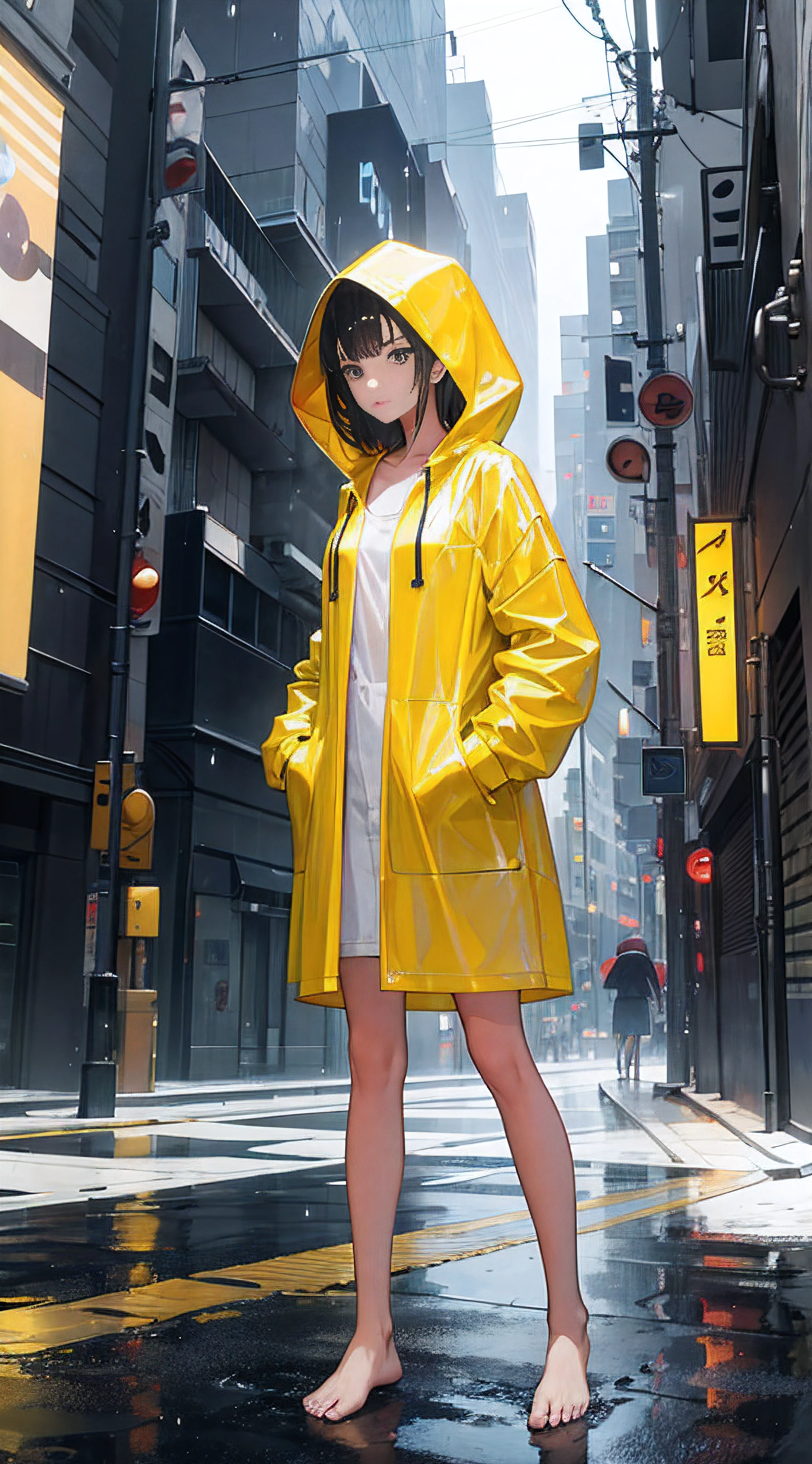  girl in yellow raincoat，full body pov，stand posture，naked leg，Barefoot，Standing in heavy rain