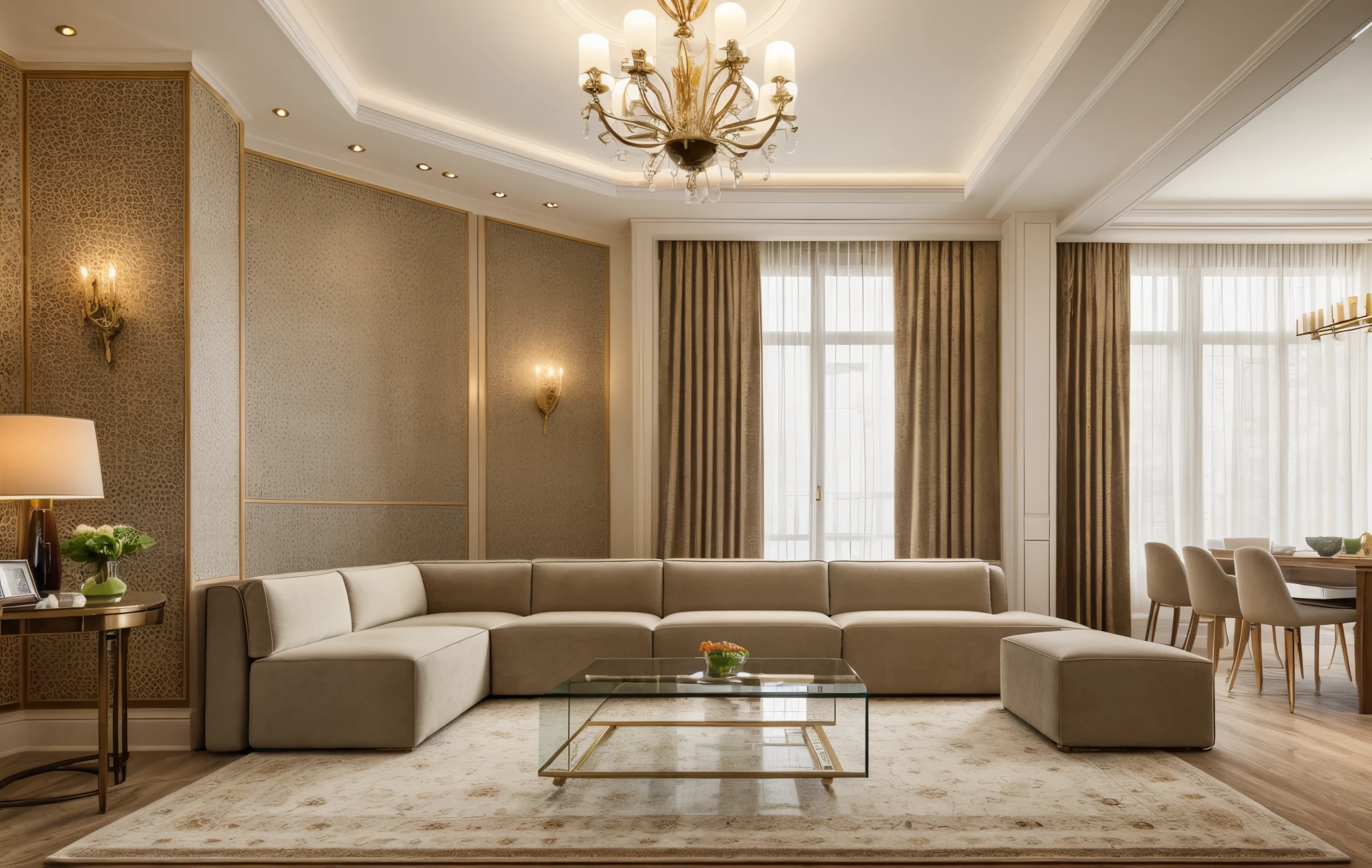 interior of livingroom, classic style, luxury, couch, cofffee table, armchair, dinner table, chandelier, rug, large glass window, masterpiece, high quality