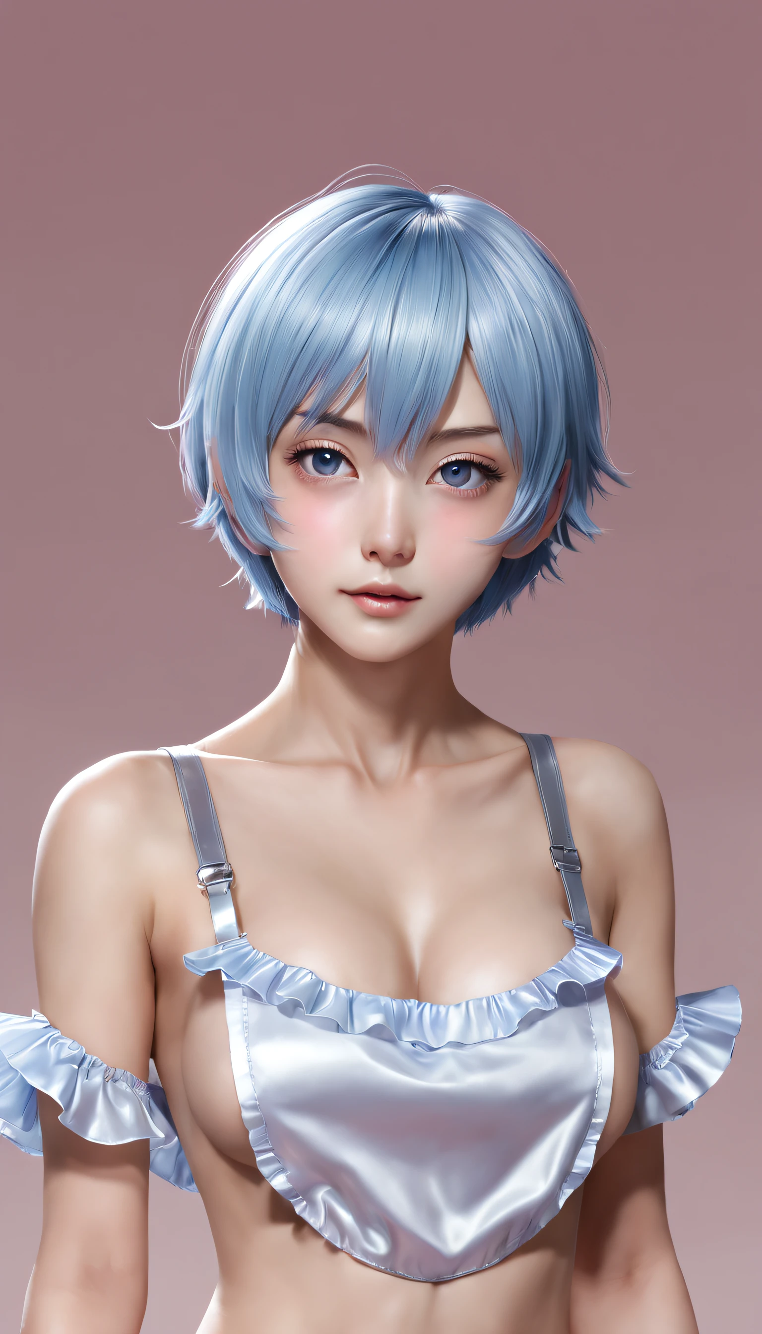 tmasterpiece，Best quality at best，8K，detailed skin textures，realistically，Fine cloth texture，beautiful  detailed face，Complicated details，Alone，1 adolescent girl，ayanami rei，ultra - detailed，Delicate hair，（（blue short hair）），blush blush，（opens his eyes wide：1.3），（eyes reflection：1.6），shy lily，（smooth private parts，Skin reflects light），（shiny skins），Nipple shadows，（Slim， aprons，ruffle ruffles），（（Large breasts）：1.2，great legs），Close-up Shot Shot，delicacies，Side view，looks into camera