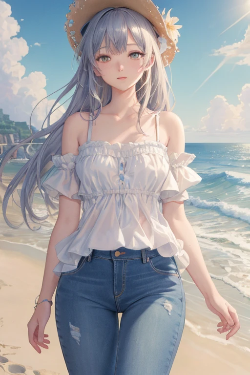 pov,best quality,masterpiece,illustration,an extremely delicate and beautiful,extremely detailed,CG,unity,8k wallpaper,Amazing,finely detail,masterpiece,best quality,official art,extremely detailed CG unity 8k wallpaper,1girl,cowboy shot,Jeans,Seaside,Beach,Beach,Sun,The light on the face,