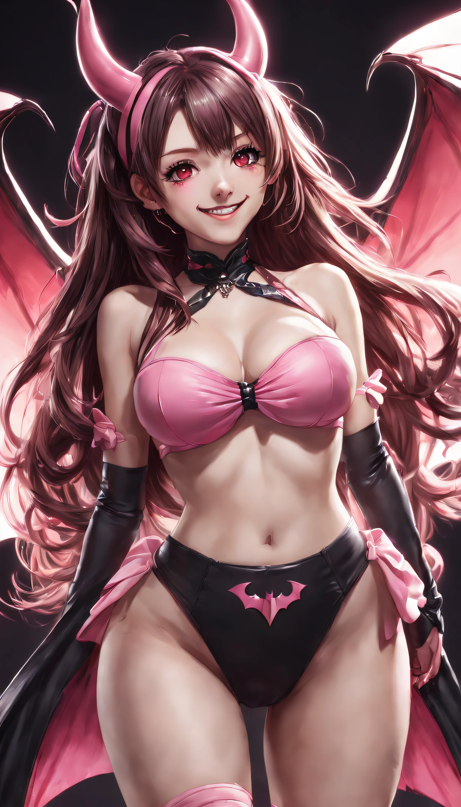 (Best quality, 8k, 32k, Masterpiece, UHD:1.2), kizuna ai, huge breasts,long hair, brown hair, multicolored hair, hair tied, pink hairband, pink highlights, streaked hair, smiling, micro bikini, succubus outfit, succubus tail, small bat wings , red eyes, horns on head, navel piercing,tattoo on stomach