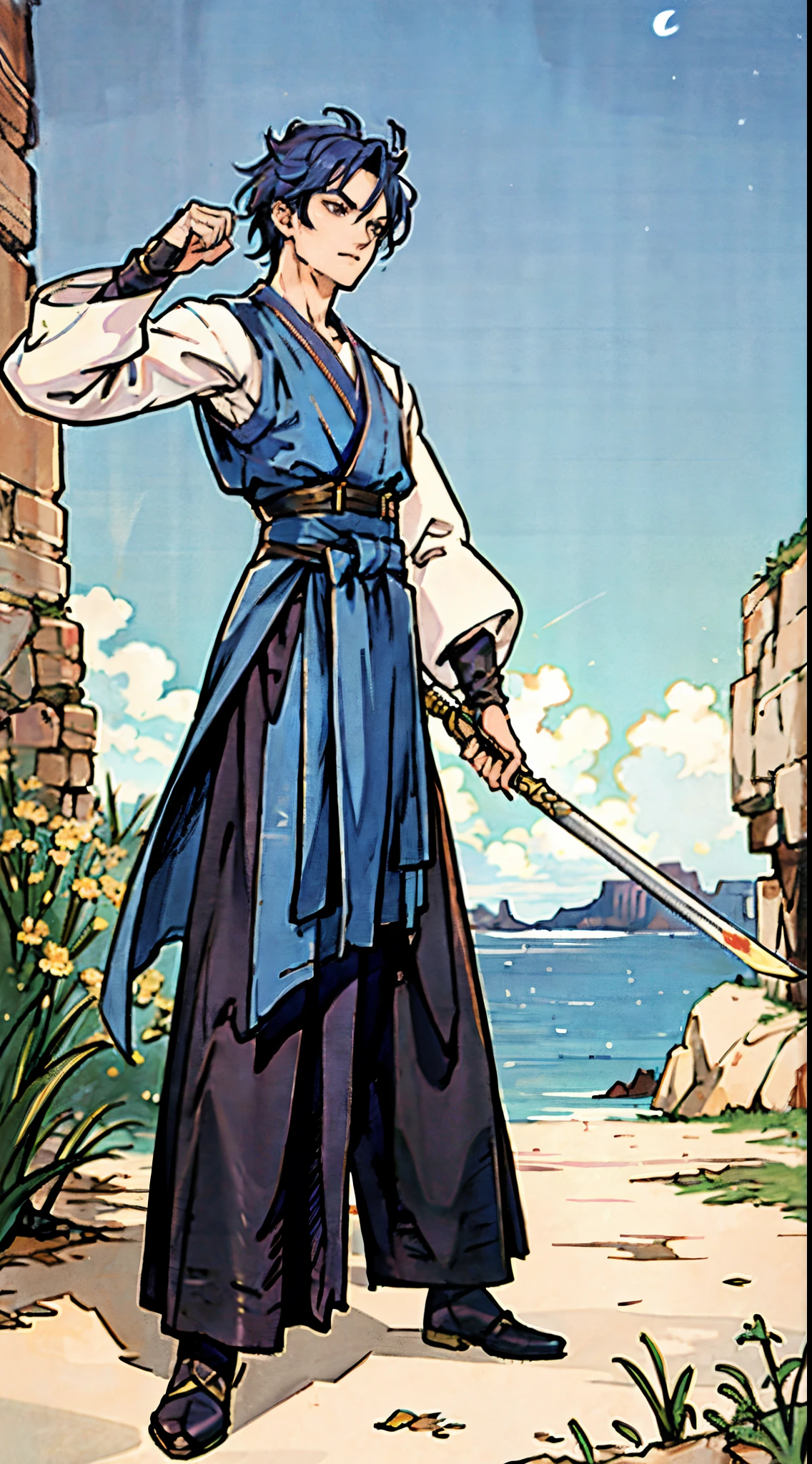 A young man, indigo blue hair, raised and fluffy short hairstyle, sharp gaze, a serious expression, a fantasy martial arts style sky-blue fabric kung fu outfit, tattered sleeves, hands wrapped with cords, a linen belt tied around the waist, coarse fabric trousers, on the cliff in the darkness of the night, this character embodies a finely crafted fantasy martial arts-style fighter in anime style, exquisite and mature manga art style, high definition, best quality, highres, ultra-detailed, ultra-fine painting, extremely delicate, professional, anatomically correct, symmetrical face, extremely detailed eyes and face, high quality eyes, creativity, RAW photo, UHD, 8k, Natural light, cinematic lighting, masterpiece-anatomy-perfect, masterpiece:1.5