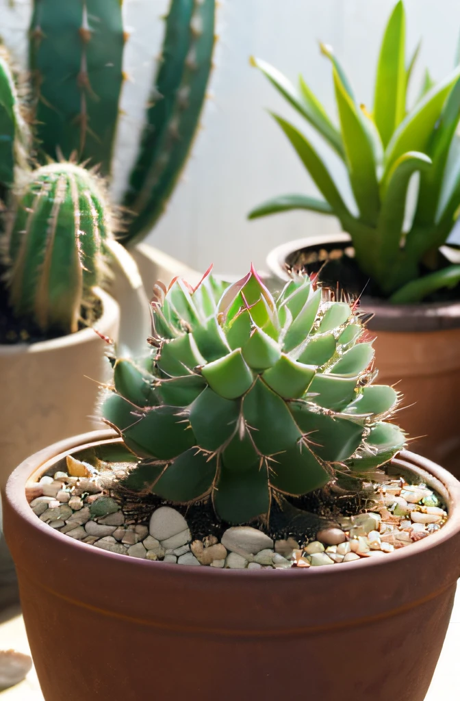 There is a succulent plant in the pot，There are red dots on it, albino dwarf, Very ornamental, Mottled small cactus plants, Very decorative, albino mystic, Soft tufted, cacti, Cactus desert, protophyta, vividness), arabella sprayer, 3 4 5 3 1, closeup view, closeup view