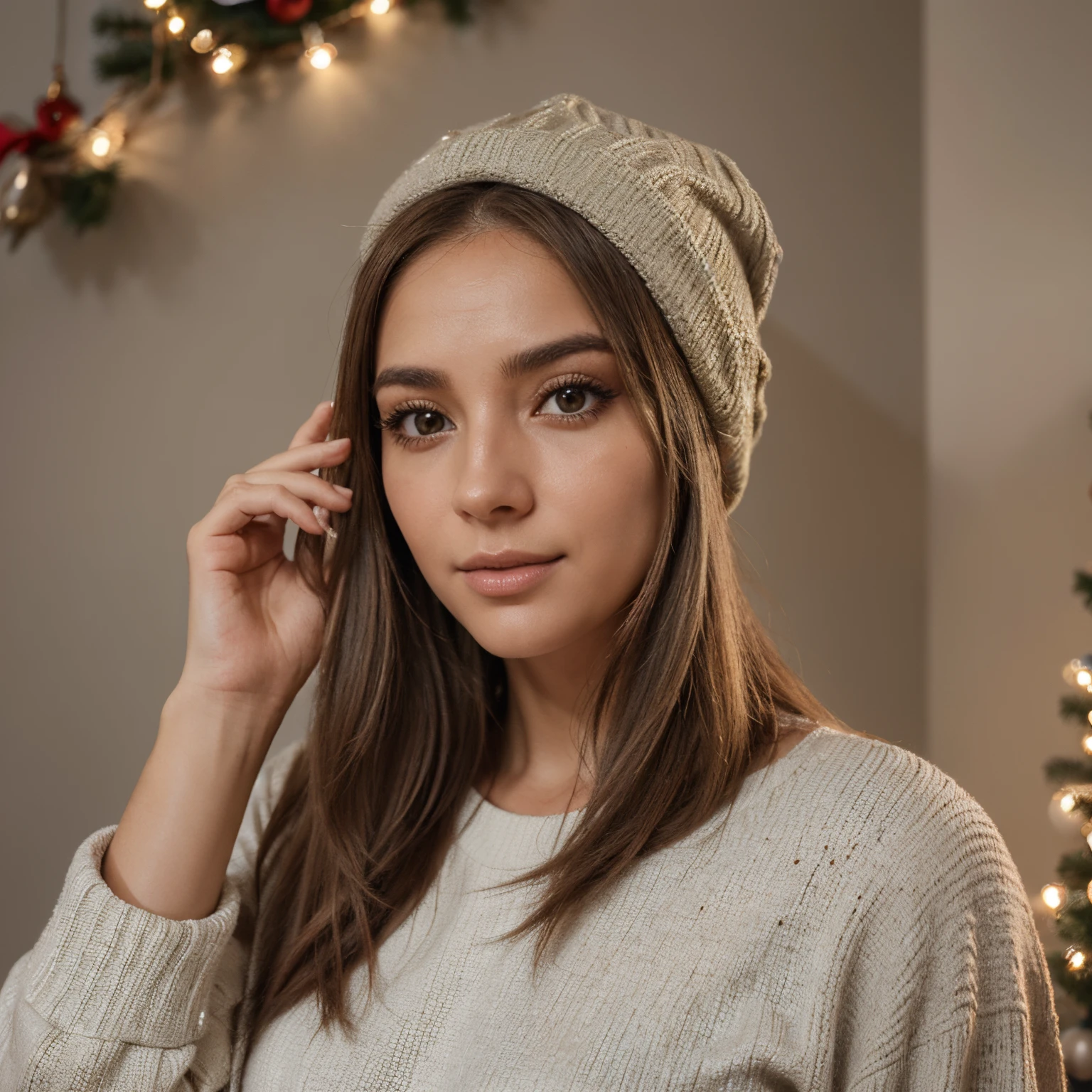 criar imagem de uma mulher branca, cabelos castanho, olhos claros e usanoculos de grau redondo e dourado, feliz e usando um gorro de papai noel, no tema natalino