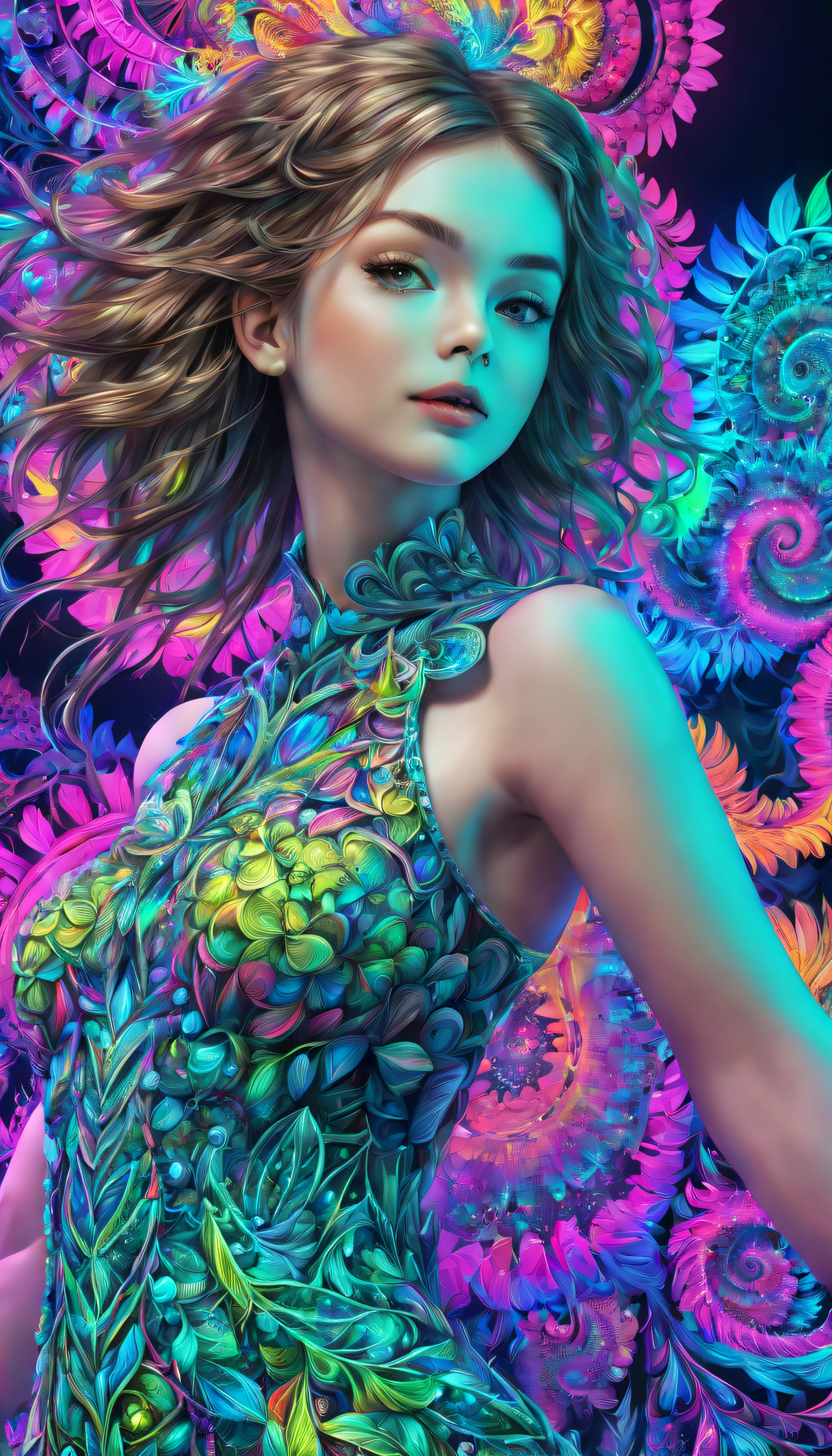 (masterpiece, top quality, best quality, official art, beautiful and aesthetic:1.2), (1girl:1.3), extremely detailed,(fractal art:1.2),colorful,highest detailed,( zentangle neon:1.2), (dynamic pose), (abstract background neon:1.5), (treditional dress:1.2), (shiny skin), (many colors:1.4), upper body ,Neon,16K,Full HD