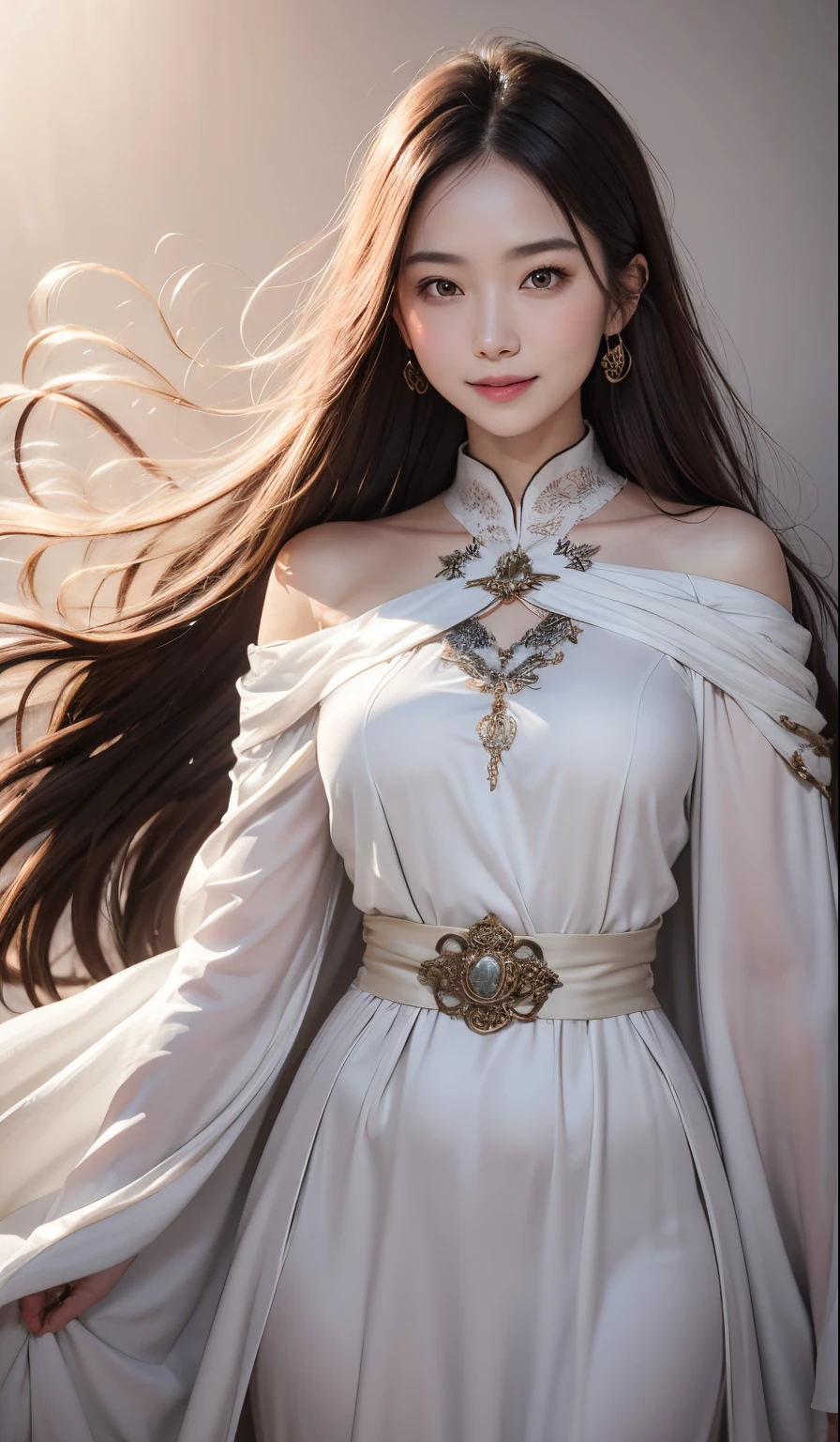 masutepiece, Best Quality, Julia Fe, 1girl in, Solo, Long hair, Looking at Viewer, blush, Smile, negative space, (bio luminescent:1.2), darkness, Dark background, Long sleeves, Dress, Bare shoulders, medium breasts, Very long hair, Wide sleeves, Cape, White Dress, circlet