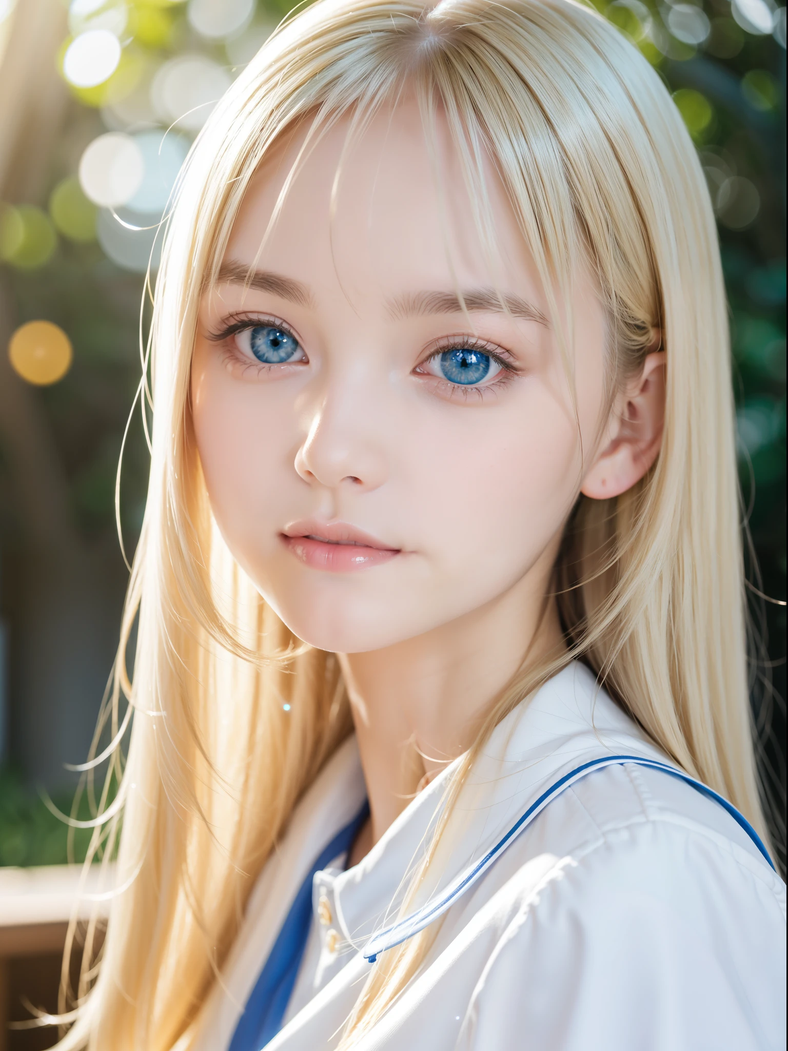 bustshot、very white and glowing skin、18 year old beautiful girl、Perfect beauty、Shiny bangs that fall on a beautiful face、Very beautiful pale blue eyes、Super long straight blonde silky hair with sparkling lights、Beautiful girl uniform、Teak Gloss、Small face beauty、Very big eyes、with round face、bright expression、Beautiful face、large full breasts、