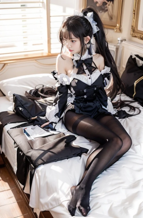 the maid outfit，without wearing shoes，100D black butt socks，blackstockings，black pantyhoses，Thick black stockings，Colossal tits，hip is cocked，super detailing，hyper HD,A high resolution,1080p,Anatomically correct，Acura，body coordination，Portrait photos，Delicatemakeup，Slender thighs，Best quality at best, tmasterpiece, 超A high resolution, RAW photogr, Beautiful and beautiful,deepshadow, (realistically:1.4), full-body composition, Striking perspective