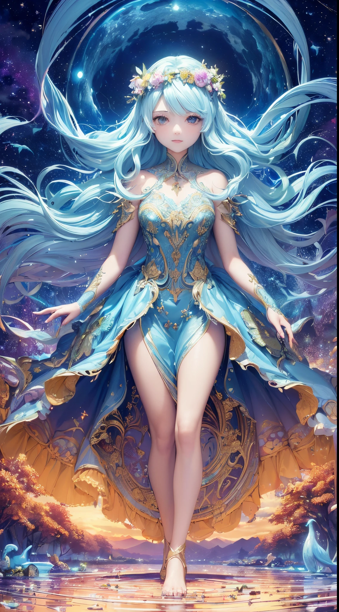 (high quality:1.4), (best quality:1.4), (masterpiece:1.4), official art, official wallpaper, surreal, beautifulgoddess, (1woman:1.1), (long wavy hair:1.1), (flower crown:1.1), (mystical creatures:1.1), (floating islands:1.1), (detailed landscape:1.1), (magic in the air:1.1), (stardust:1.1), night sky, (whimsical atmosphere:1.1), (dreamlike world:1.1), (bubbles:1.1), flying books, (luna moths:1.1), (moonlight:1.1), enchanted forest, (wisdom:1.1), (powerful energy:1.1), (guardian angels:1.1), (peaceful:1.1), vibrant colors, (detailed:1.05), (extremely detailed:1.06), sharp focus, (intricate:1.03), cinematic lighting, (extremely intricate:1.04), (epic scenery:1.09), vibrant colors, (beautiful scenery:1.08), (detailed scenery:1.08), (intricate scenery:1.07), (wonderful scenery:1.05),, (sharp focus,absurdres,high quality,masterpiece,highres,best quality:1.5)