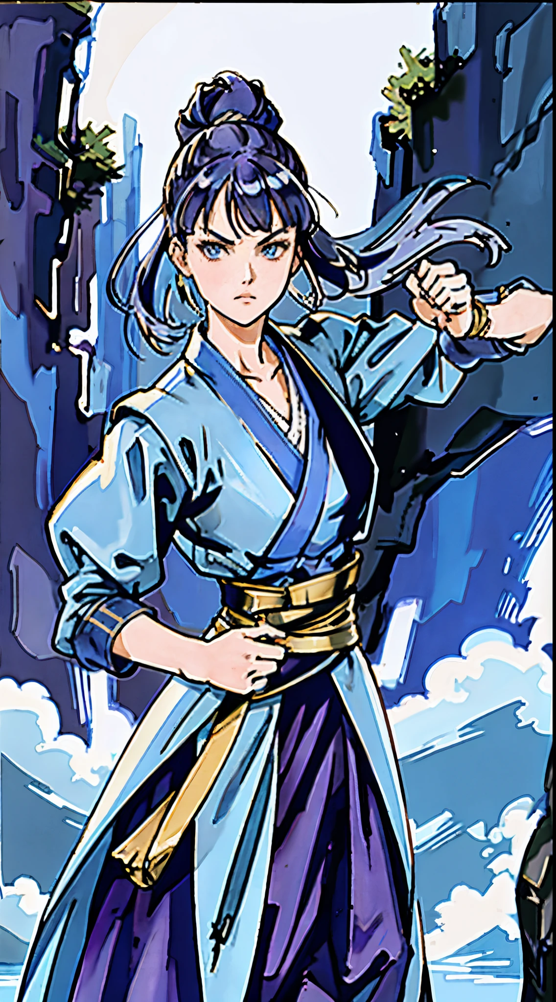 A young women, indigo blue hair, raised and fluffy short hairstyle, sharp gaze, a serious expression, a fantasy martial arts style sky-blue fabric kung fu outfit, tattered sleeves, hands wrapped with cords, a linen belt tied around the waist, coarse fabric trousers, on the cliff in the darkness of the night, this character embodies a finely crafted fantasy martial arts-style fighter in anime style, exquisite and mature manga art style, high definition, best quality, highres, ultra-detailed, ultra-fine painting, extremely delicate, professional, anatomically correct, symmetrical face, extremely detailed eyes and face, high quality eyes, creativity, RAW photo, UHD, 8k, Natural light, cinematic lighting, masterpiece-anatomy-perfect, masterpiece:1.5