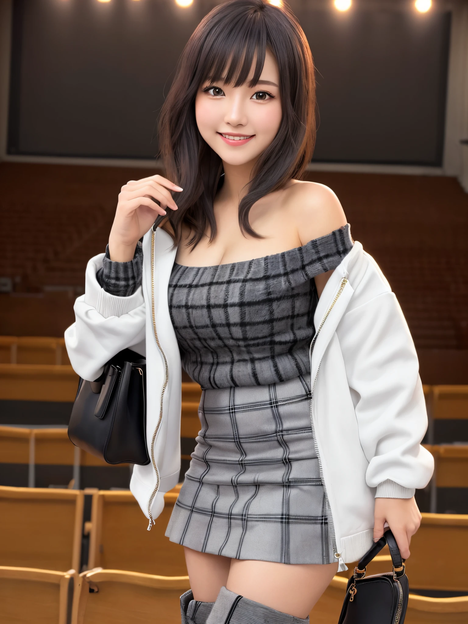 ((masterpiece)), ((best quality)), (ultra-detailed), ((kawaii)), cute, (lovely), ((extremely detailed)), 4K, (8K), best quality, (beautiful), realistic, real, dynamic angle0, front view,a Japanese young pretty woman, Inside the concert hall, a big smile in front of the stage, glamorous figure ,long bob hair ,1girl, solo, break,(Large white jacket:1.3), (black off shoulder sweater:1.3), (gray checked mini skirt:1.3), (black boots:1.3), (shoulder bag:1.3),cowboy shot,beautiful eyes, large breast, a big smile, hyper cute face, glossy lips, double eyelids for both eyes, natural makeup, shiny smooth light brown hair of long bob hair, asymmetrical bangs, high resolution, high detail, detailed hairstyle, detailed face, cinematic lighting, octane rendering, hyper realistic, perfect limbs, perfect anatomy