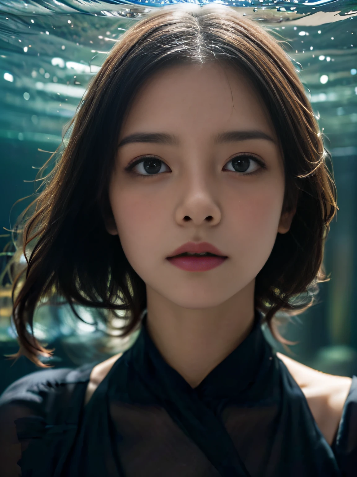A beautiful woman is drowning, portraitures、Dark sea,( under the water:1.1), Lightning, Bright eyes, Wearing a dress made of algae, (Up close:1.3)