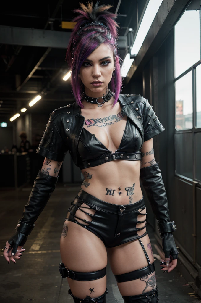 a striking punk girl embodying fierce individuality, envision her with ripped stockings, black boots, piercings, tattoos, and vibrant, unconventional hair, 8K resolution with hyperrealistic rendering, emphasizing hyper details and incorporating advanced ray tracing techniques, nuanced textures and lighting in her punk-inspired attire and accessories