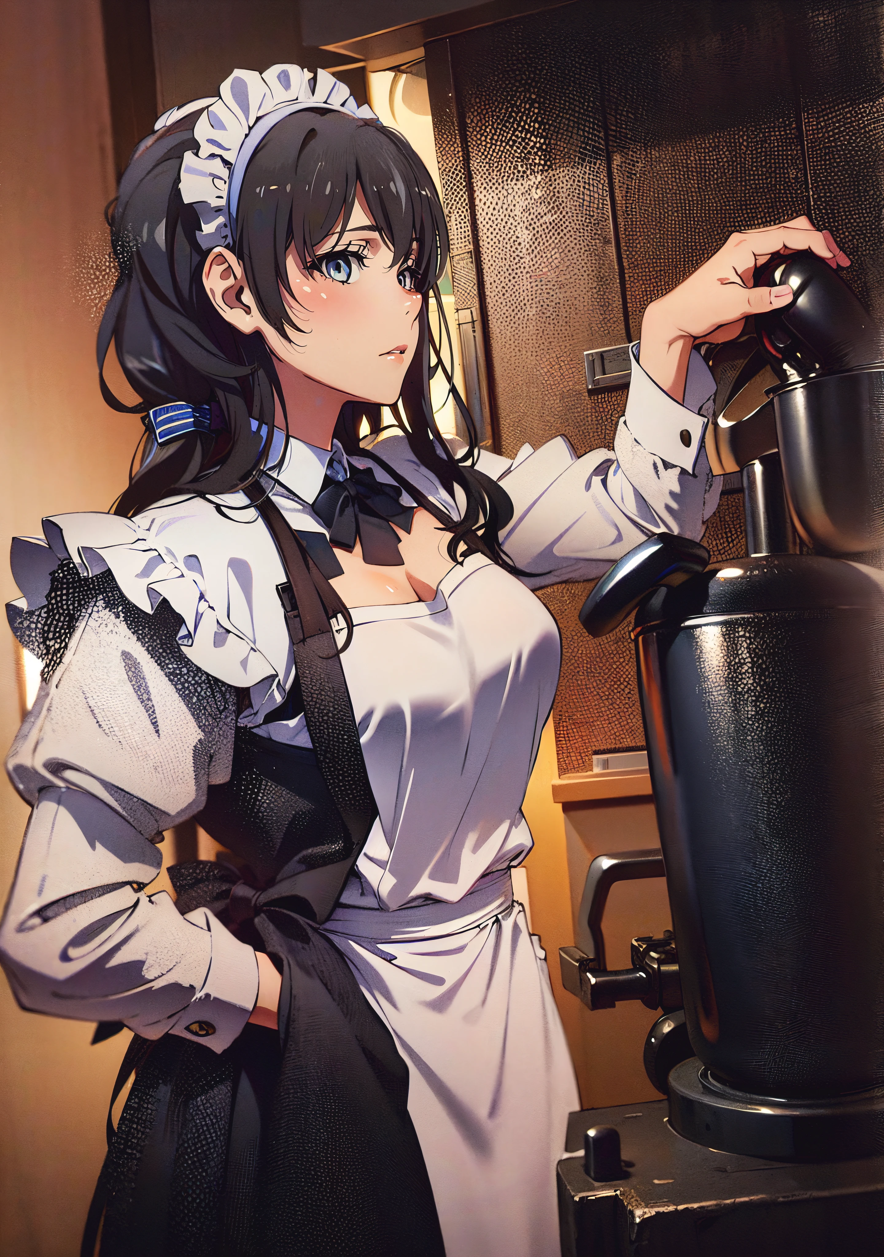 anatomically correct, best quality, masterpiece, high quality, high details, highres, HD, (shaded face:1.2), hollow eyes, black eyes, looking at viewer, expressionless, long hair, black hair, breasts, long_hair, 1girl, apron, maid, maid_headdress, kitchen, maid_apron, profile, solo, indoors, maid_dress, tiles, dress, pot, breasts