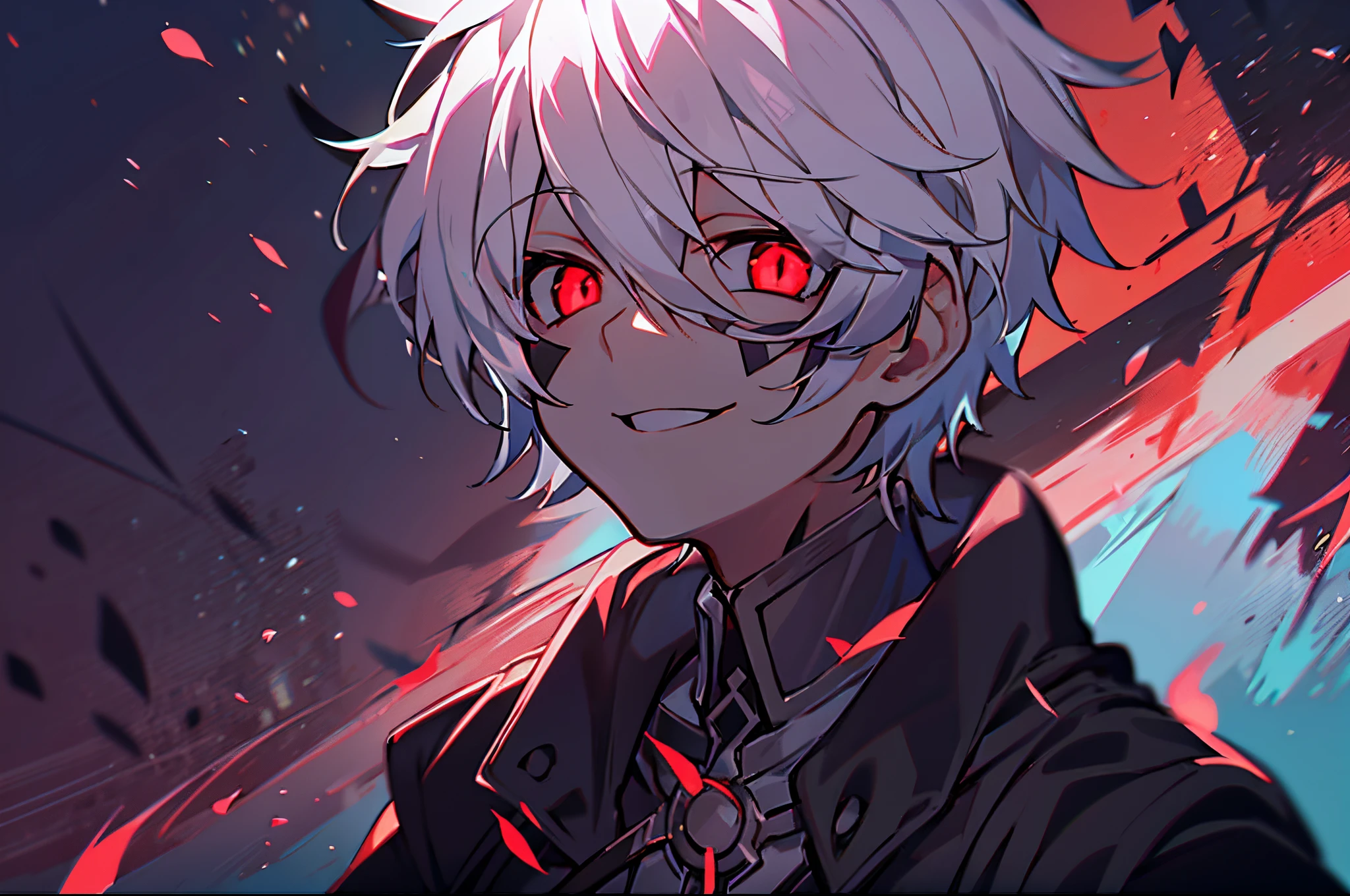 hight resolution,close range、Anime boy with white hair and red eyes staring at camera, Glowing red eyes,slim, dressed in a black outfit,Shadow Body,colorful backdrop,hair messy,yameroyandere, (Crazy smile:1.2)、Diagonal angle