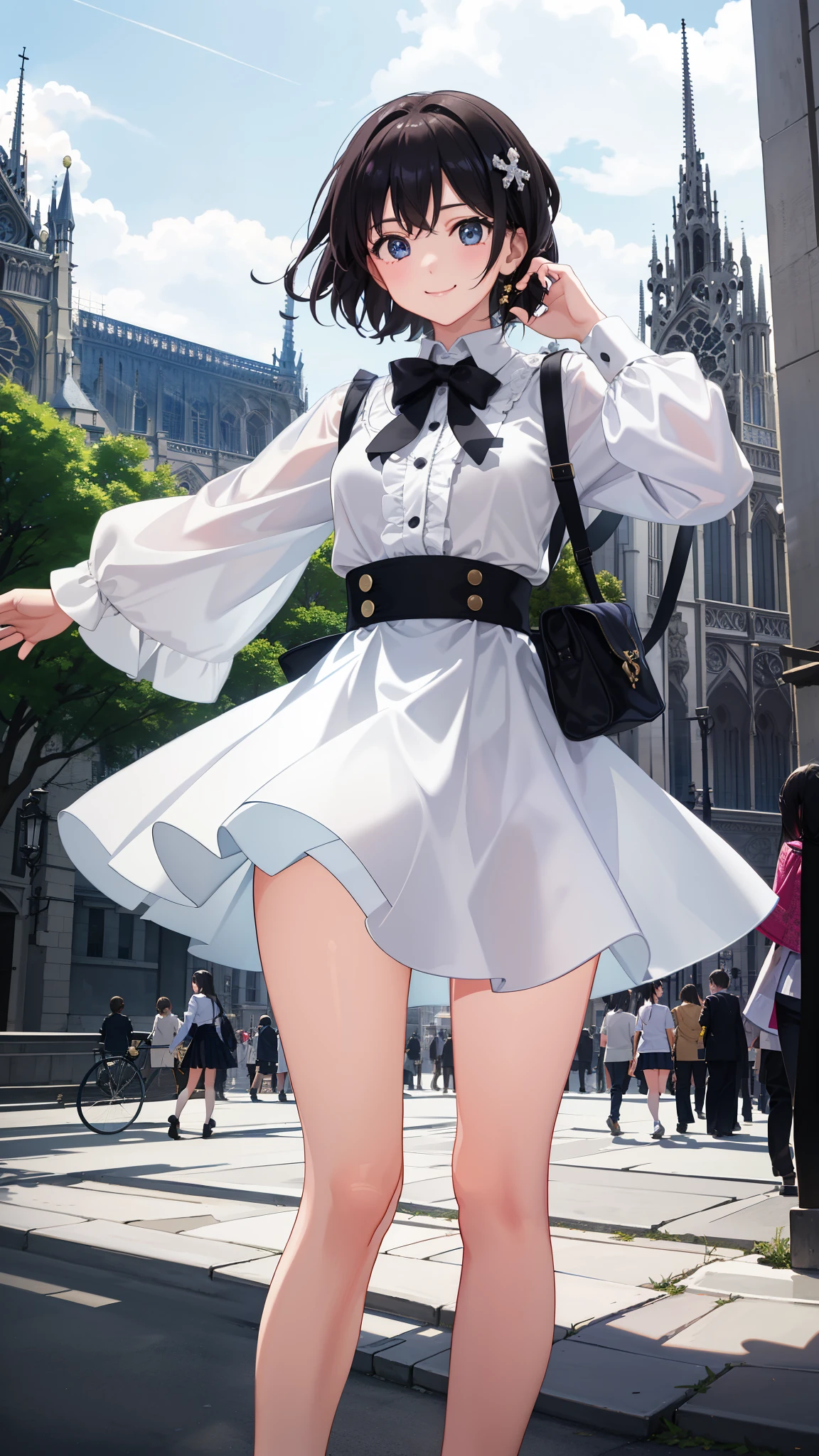 1girl in、notre dame、、imagem 4k、A smile、The shirt、Blouse、（paler）skirt by the、（small tits）Chilarism、movement、