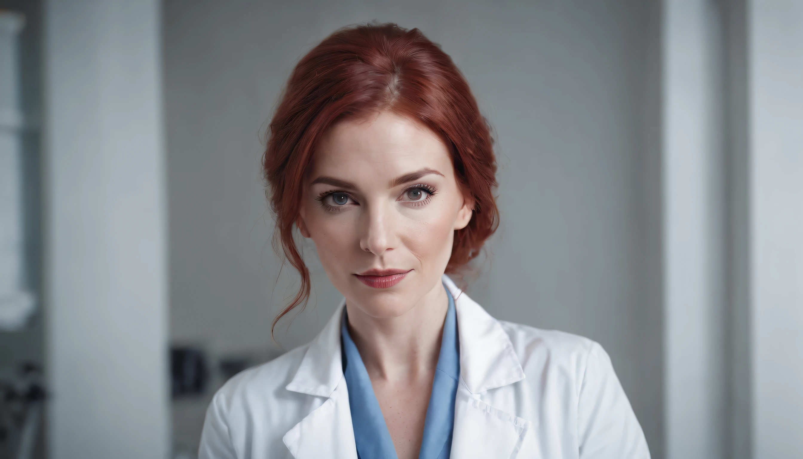 Very sexy 35 year old woman with red dyed hair, doctor in a lab coat, medical teacher, beautiful body, sexy look, charming, beautiful, white skin, freckles on her face