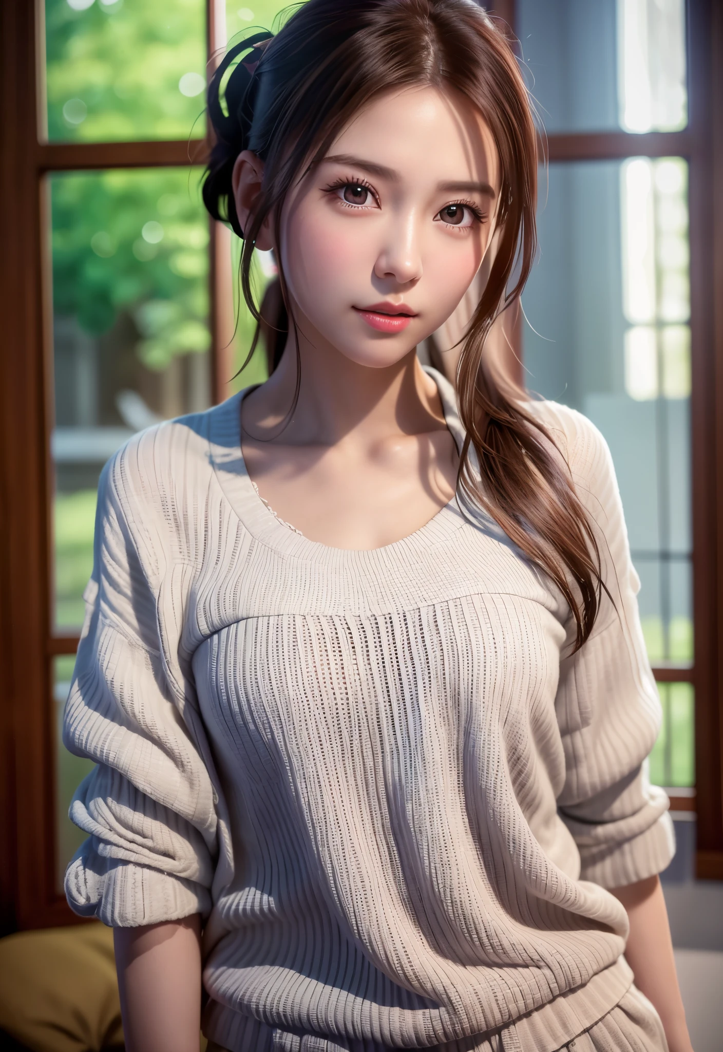 8K, of the highest quality, masutepiece:1.2), (Realistic, Photorealsitic:1.37), of the highest quality, masutepiece, Beautiful young woman、A charming、and an inviting look, Cute loungewear, Hair tied back, Cinematic background, Light skin tone