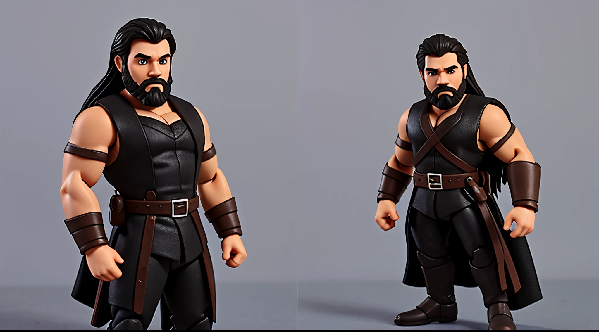 1 Man solo, he has a short black beard and he has black flowing hair. He has turned into an action figure