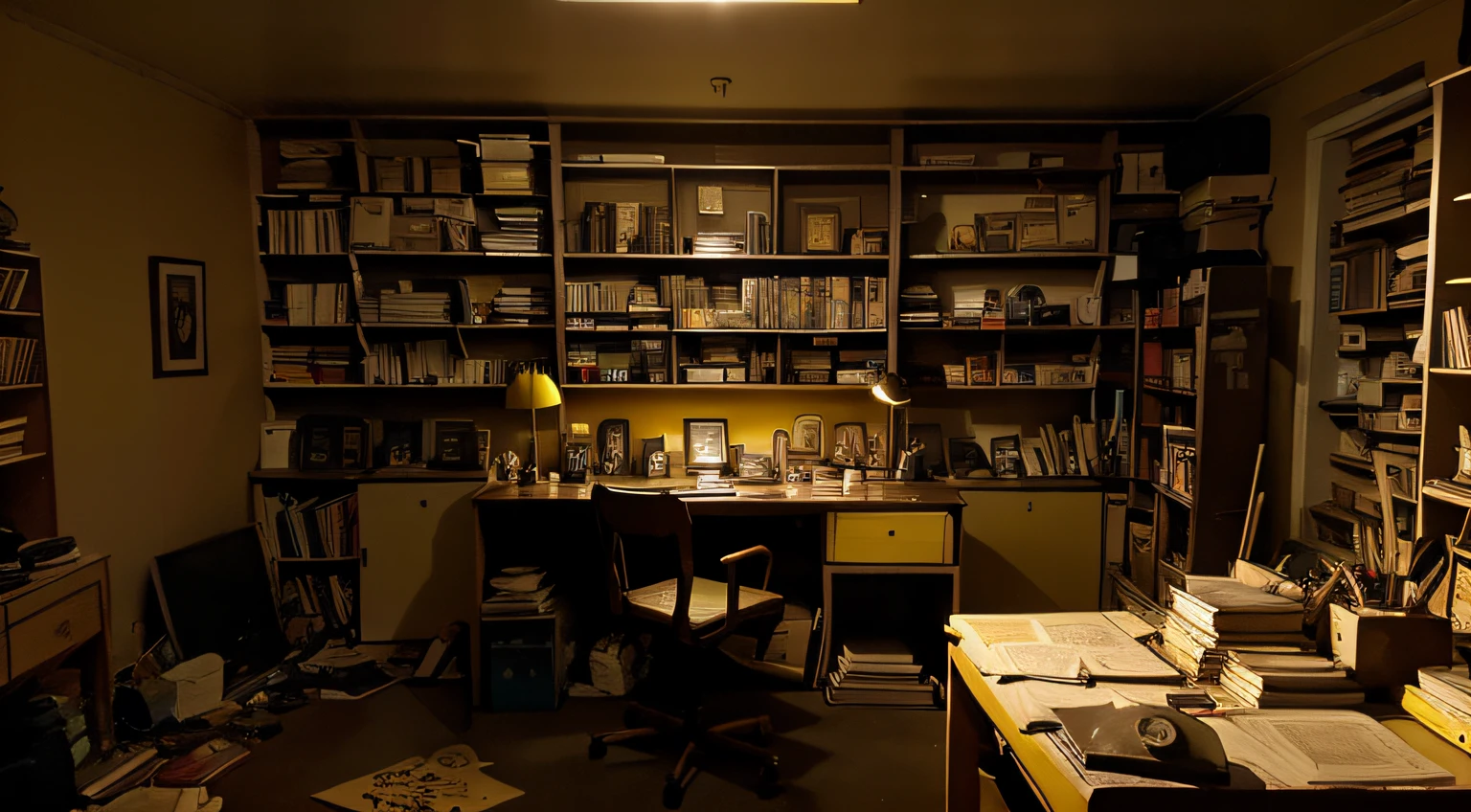a room with bookshelves and a desk in a bit of disarray, it's nighttime, a dark room illuminated by yellow light, giving it an air of melancholy.