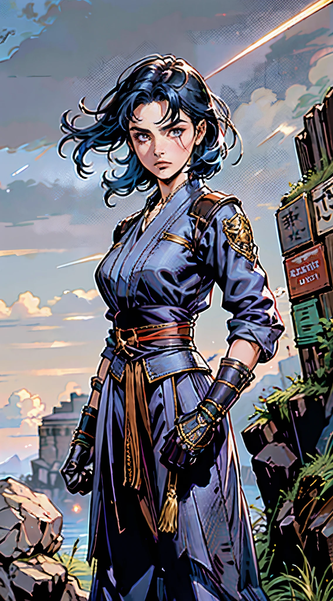 A young women, indigo blue hair, raised and fluffy short hairstyle, sharp gaze, a serious expression, a fantasy martial arts style sky-blue fabric kung fu outfit, tattered sleeves, hands wrapped with cords, a linen belt tied around the waist, coarse fabric trousers, on the cliff in the darkness of the night, this character embodies a finely crafted fantasy martial arts-style fighter in anime style, exquisite and mature manga art style, high definition, best quality, highres, ultra-detailed, ultra-fine painting, extremely delicate, professional, anatomically correct, symmetrical face, extremely detailed eyes and face, high quality eyes, creativity, RAW photo, UHD, 8k, Natural light, cinematic lighting, masterpiece-anatomy-perfect, masterpiece:1.5