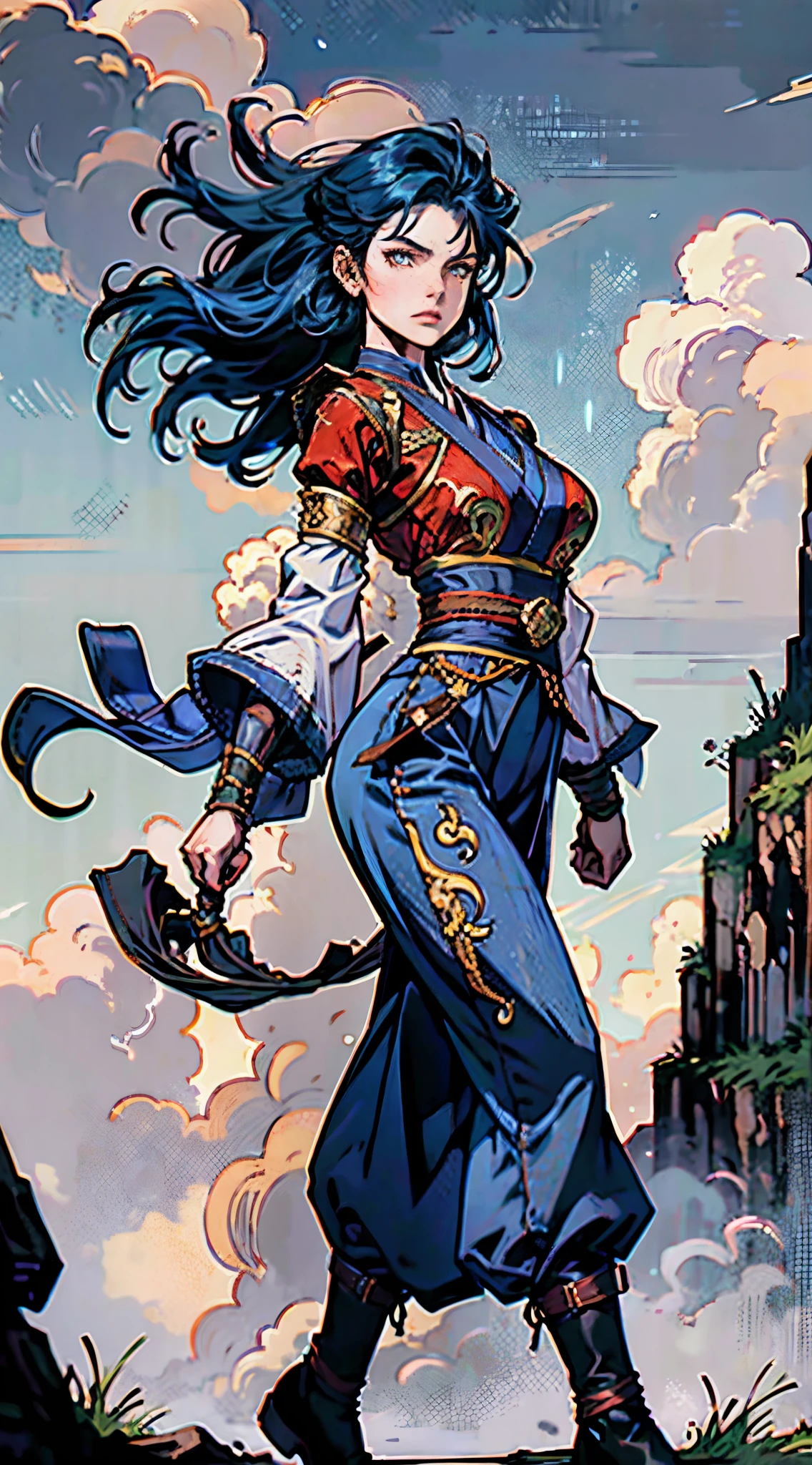 A young women, indigo blue hair, raised and fluffy short hairstyle, sharp gaze, a serious expression, a fantasy martial arts style sky-blue fabric kung fu outfit, tattered sleeves, hands wrapped with cords, a linen belt tied around the waist, coarse fabric trousers, on the cliff in the darkness of the night, this character embodies a finely crafted fantasy martial arts-style fighter in anime style, exquisite and mature manga art style, high definition, best quality, highres, ultra-detailed, ultra-fine painting, extremely delicate, professional, anatomically correct, symmetrical face, extremely detailed eyes and face, high quality eyes, creativity, RAW photo, UHD, 8k, Natural light, cinematic lighting, masterpiece-anatomy-perfect, masterpiece:1.5