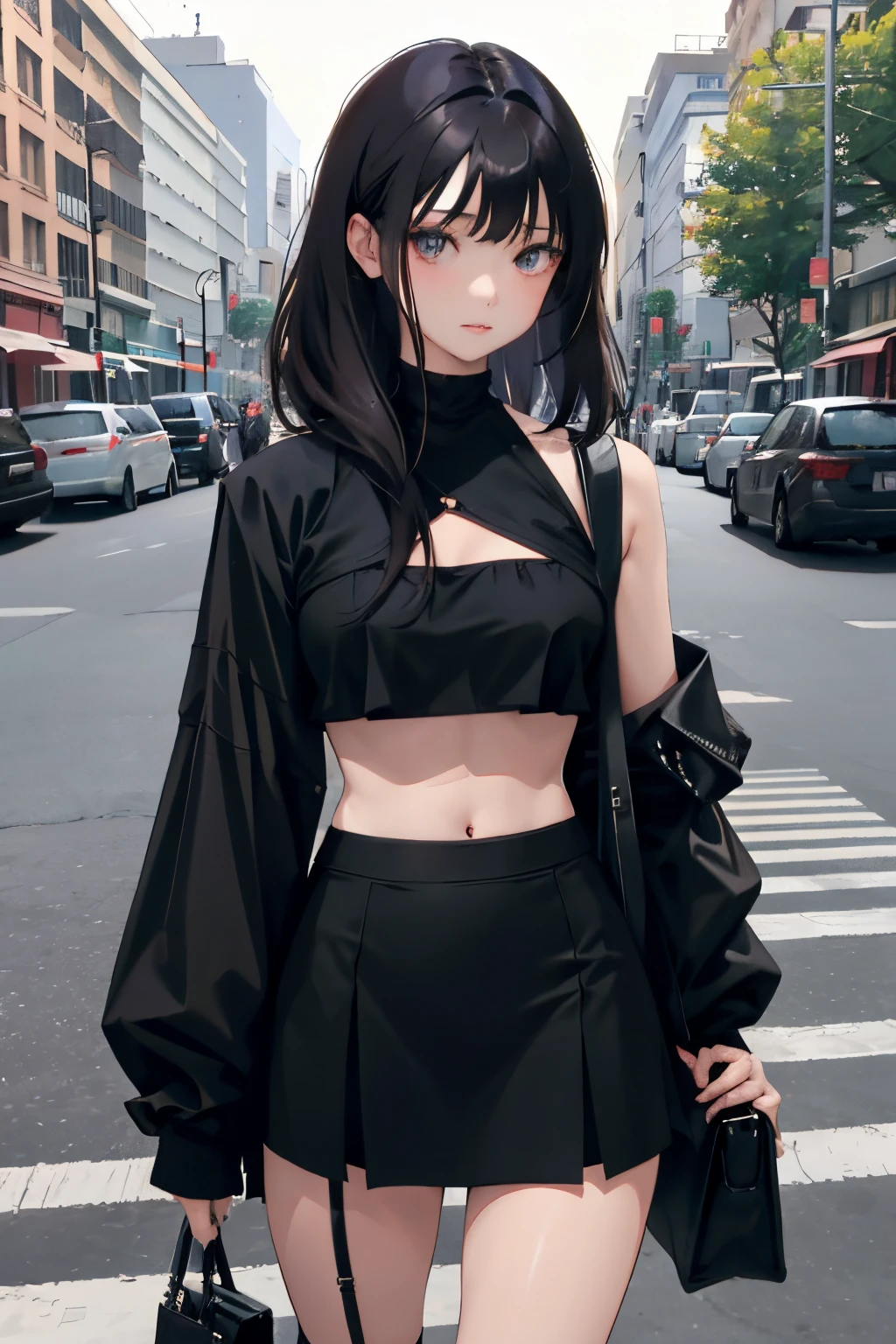 A woman in a black top and skirt walking down a street - SeaArt AI