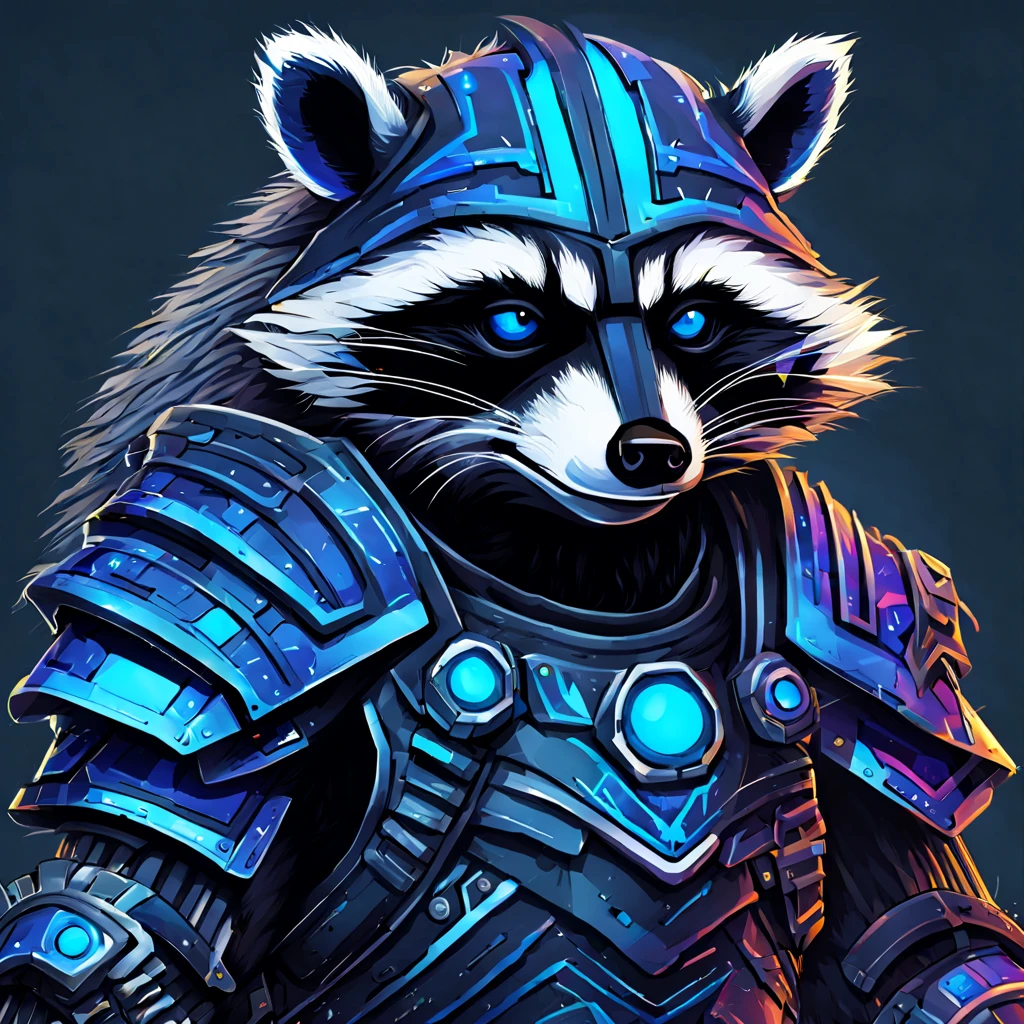 Raccoon monstrosity that is vivid blues in color with solid white eyes and dark grey ruinic armor and arm bands, masterpiece, best quality, in neon art sytle