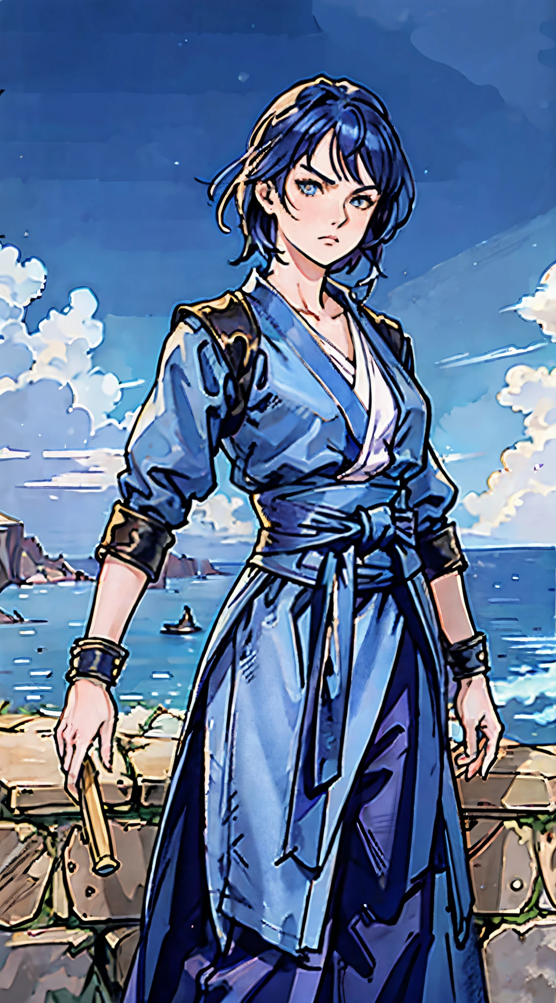 A young women, indigo blue hair, raised and fluffy short hairstyle, sharp gaze, a serious expression, a fantasy martial arts style sky-blue fabric kung fu outfit, tattered sleeves, hands wrapped with cords, a linen belt tied around the waist, coarse fabric trousers, on the cliff in the darkness of the night, this character embodies a finely crafted fantasy martial arts-style fighter in anime style, exquisite and mature manga art style, high definition, best quality, highres, ultra-detailed, ultra-fine painting, extremely delicate, professional, anatomically correct, symmetrical face, extremely detailed eyes and face, high quality eyes, creativity, RAW photo, UHD, 8k, Natural light, cinematic lighting, masterpiece-anatomy-perfect, masterpiece:1.5