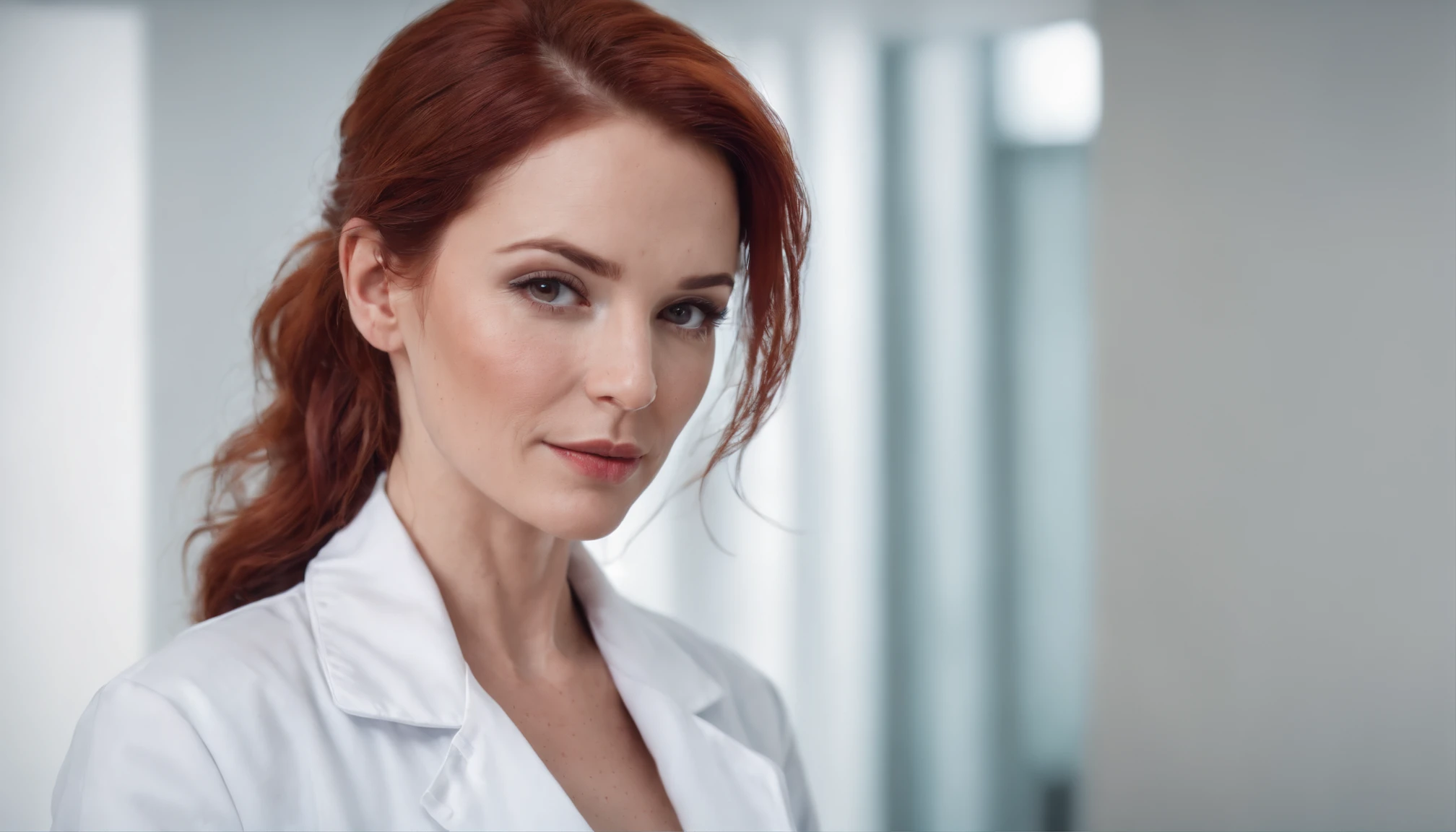 Very sexy 35 year old woman with red dyed hair, doctor in a lab coat, medical teacher, beautiful body, sexy look, charming, beautiful, white skin, freckles on her face