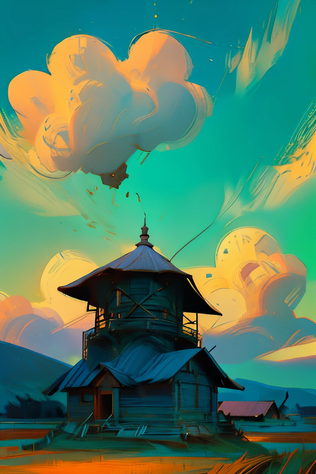 An old farmer in a straw hat,Walk the winding roads of the countryside,large clouds、blue-sky、Rice fields,There are neat rice seedlings in the field,ln the forest,hillside,Quiet,rustic,high definition detail、hyper-detailing、cinematic ligh、ultra-realistic realism、Soft light、Deep field focus bokeh、Ray tracing and surrealism。 ,A large wine bottle stands in the middle of an uninhabited rice field --v6