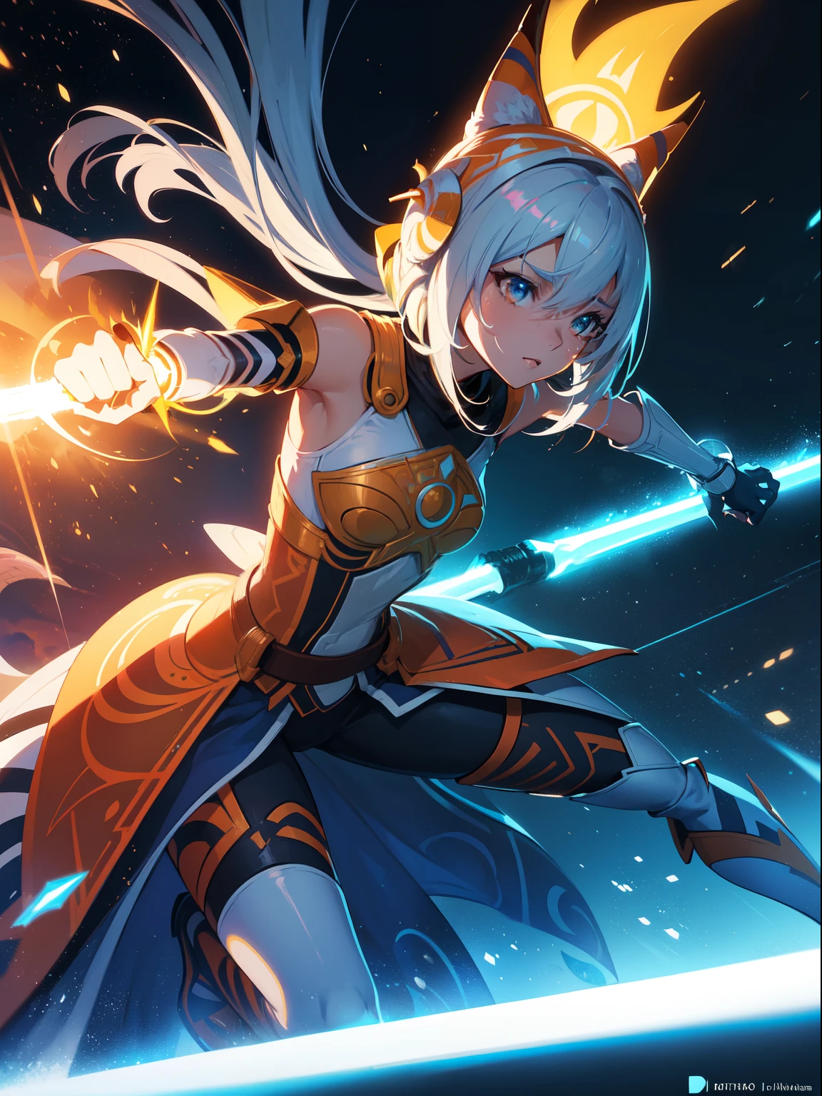 (La mejor calidad, paleta de colores vibrantes y vivos, anime:1.2), (Vista de cuerpo completo, detailed character:1.1), (Ahsoka Tano:1.1), (wearing her iconic outfit:1.1), (en una futura ciudad de Coruscant:1.1), (La imagen de Ahsoka Tano:1.1), (Los rasgos faciales de Ahsoka Tano:1.1), (Lively atmosphere), (futuristic buildings and flying vehicles), (dynamic pose), (bright lights and holographic screens), (elegant and elegant design), (motion lines to emphasize movement), (llamativos montrals y headtails), (sables de luz de color naranja brillante), (Confident and purposeful expression), (action and combat on screen), (Energetic and dynamic composition), (Ahsoka's signature white facial markings.), (textura detallada en el atuendo), (neon signs and advertisements), (vida callejera ocupada y bulliciosa), (cielo nocturno estrellado), (reflejo y brillo en las superficies), (Dramatic backlight), (incredible depth and perspective), (Ojos intensos y cautivadores), (stylized and elegant animation), (Unique and recognizable character design.), (fondo colorido y llamativo), (epic and grandiose scale), (Attention to fine details), (dynamic camera angle), (Entorno inmersivo y futurista.), (contraste de color llamativo y vibrante), (very detailed and sharp lines), (Professional digital illustration), (high resolution illustrations), (Impressive and inspiring composition.), (dramatic and atmospheric lighting).