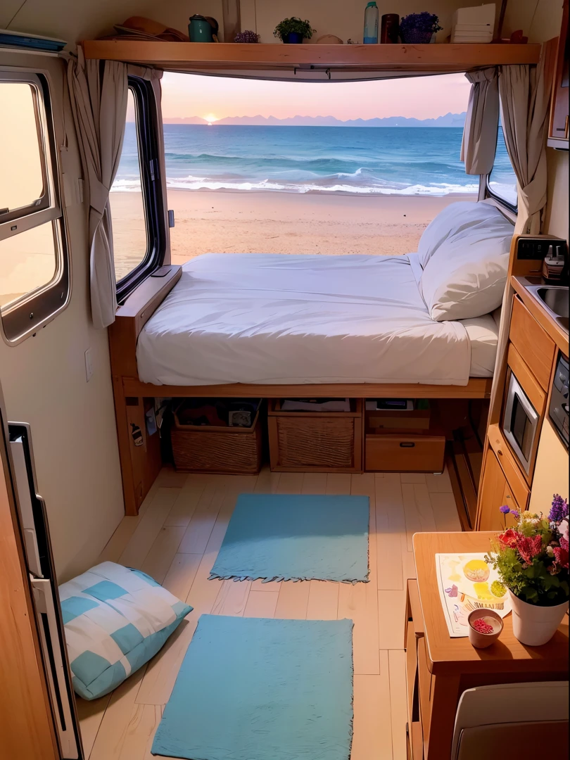 inside a cozy campervan, comfy bed and warm blanket, plants, flowers, decoration, view from the back on quiet beach, sunrise, peaceful, vibrant colors, lineart