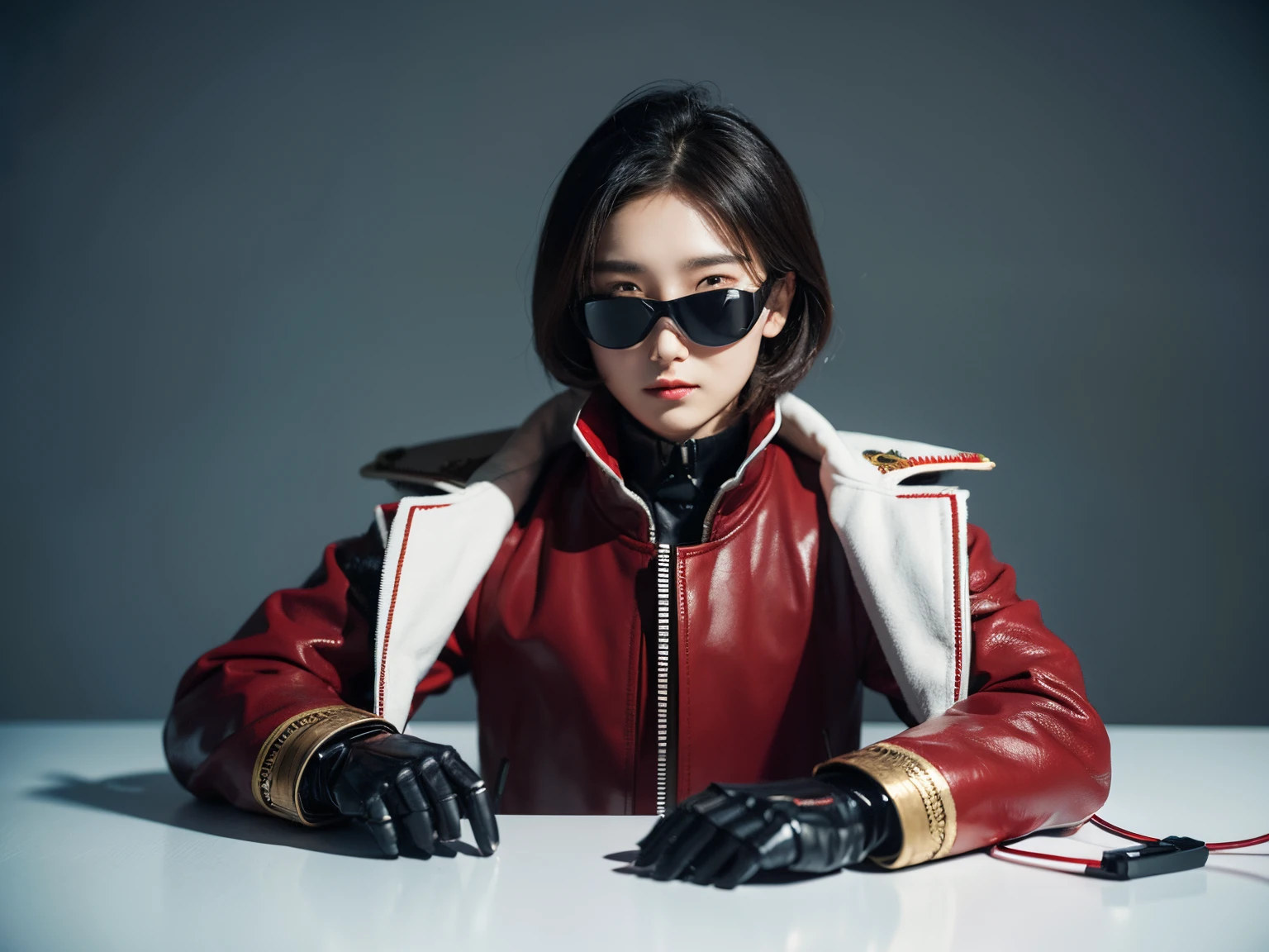 On a table, Best quality, fully body photo, nothing background, white backgrounid, robotic goggles, Mechanical red gloves ,Military coat, gentleman'And women'S, Chibi