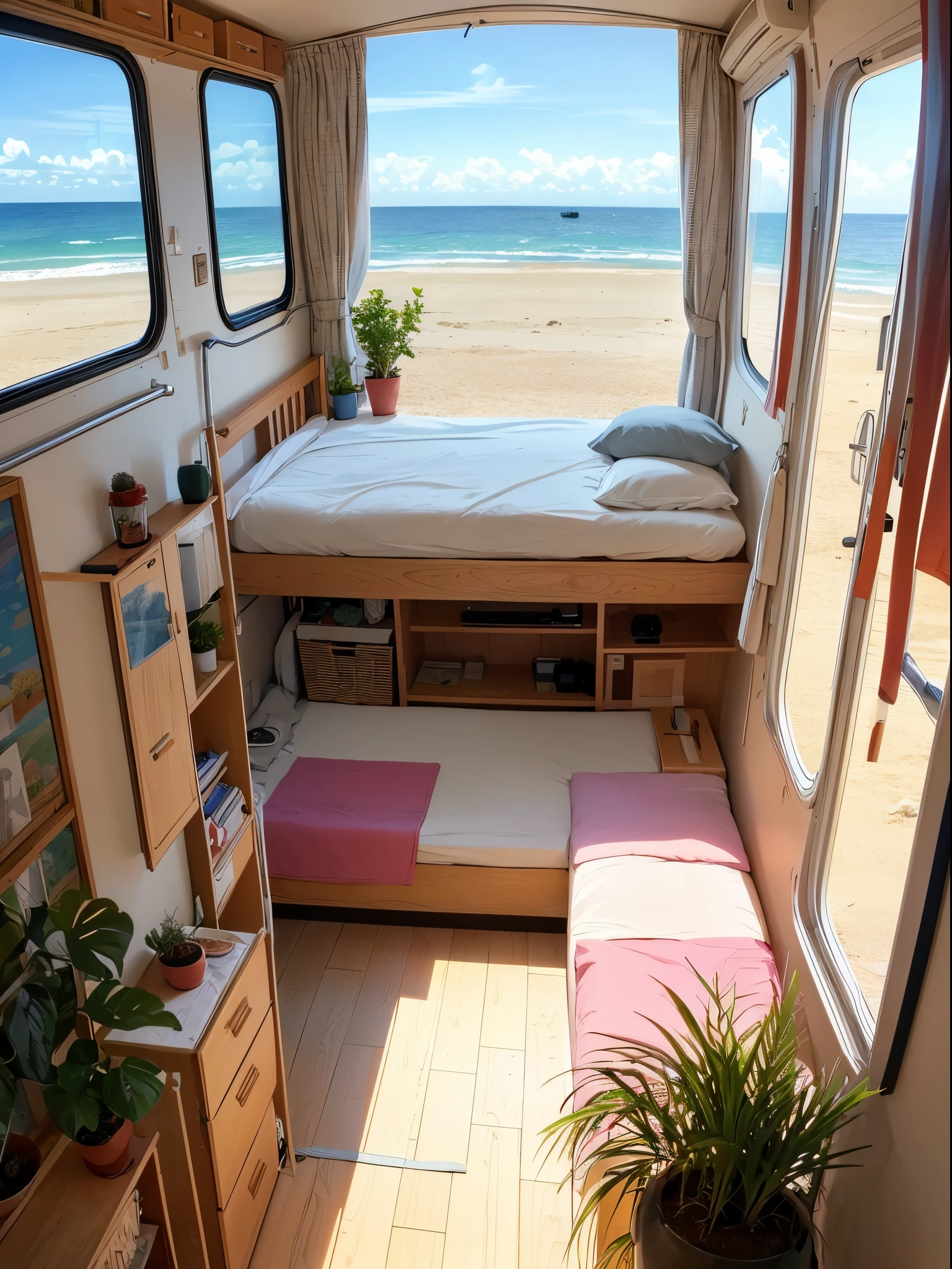 inside a cozy campervan, comfy bed and warm blanket, plants, flowers, decoration, view from the back on quiet beach, sunrise, peaceful, vibrant colors, lineart