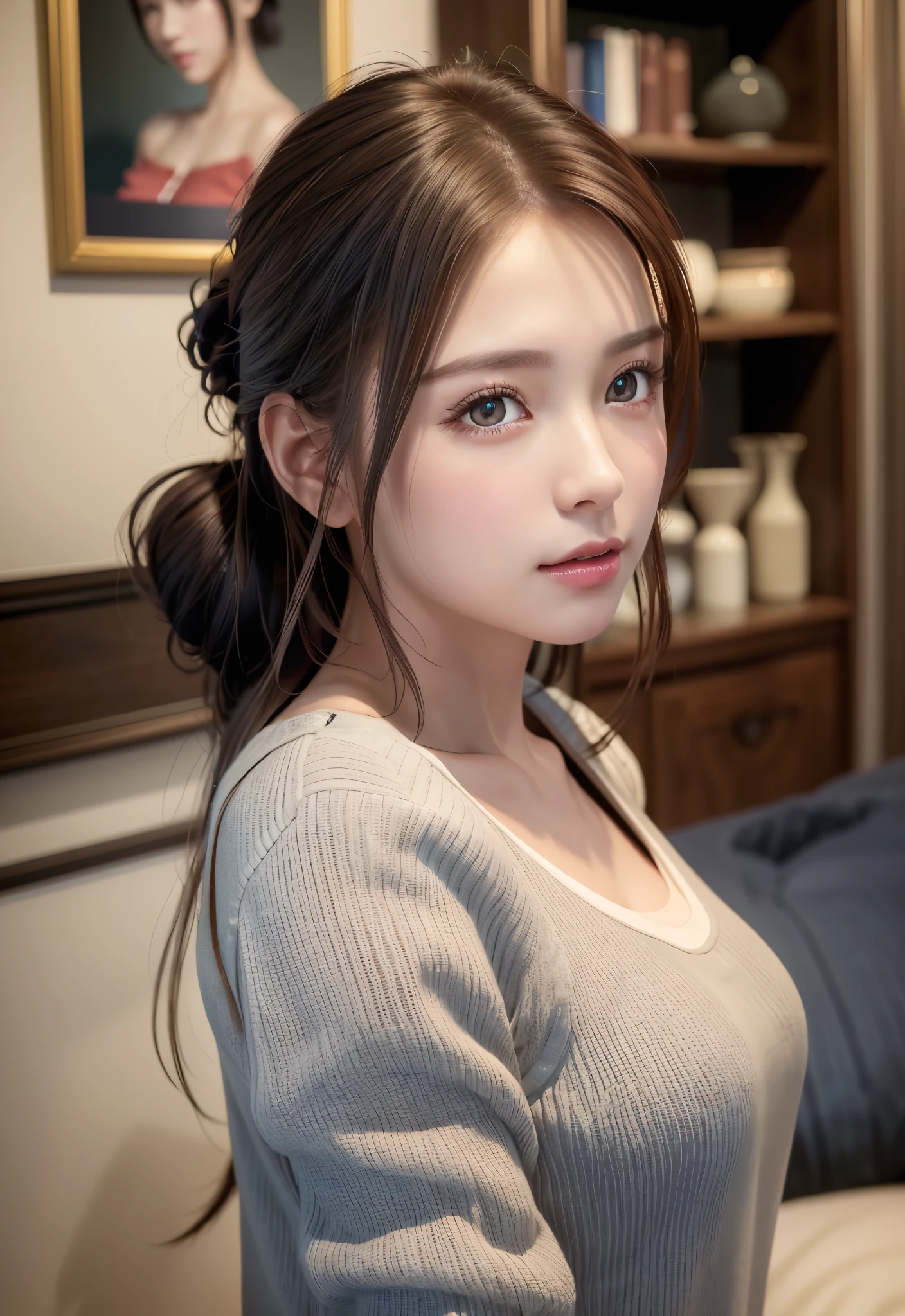 8K, of the highest quality, masutepiece:1.2), (Realistic, Photorealsitic:1.37), of the highest quality, masutepiece, Beautiful young woman、A charming、and an inviting look, Cute loungewear, Hair tied back, Cinematic background, Light skin tone