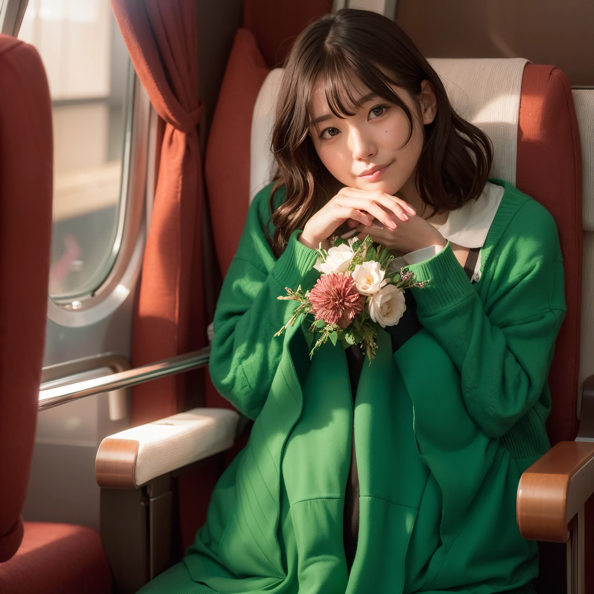 There is a woman sitting on the train with a teddy bear., sitting with flowers, sakimichan, 🚿🗝📝, sat down in train aile, lofi-girl, chiho, high quality portrait, けもの, s girl, sakimichan, official artwork, Lori, shikamimi