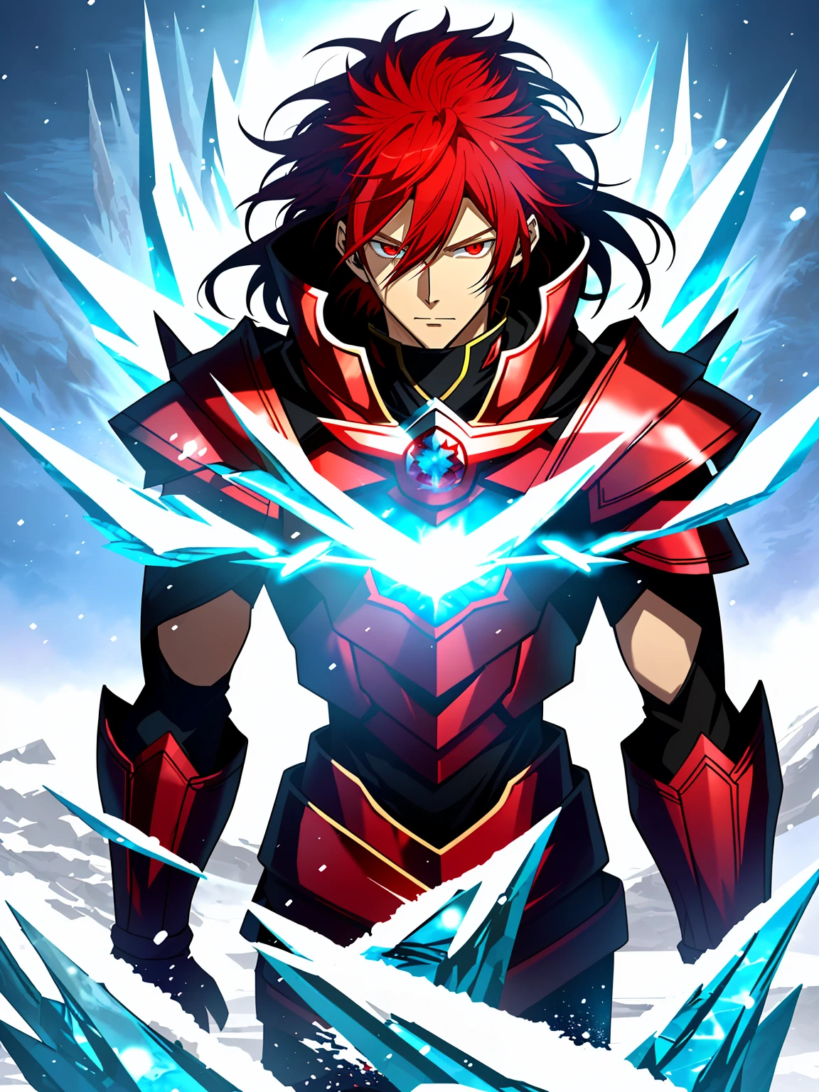 Red eyes and long red hair anime character in snowy scene, Ice Mage,Tall anime characters，red eyes, Key anime art, male anime characters, ice crystal armor, Detailed key animation art, Magic Knight complete avatar, Infrared sleeve, Possess the power of ice