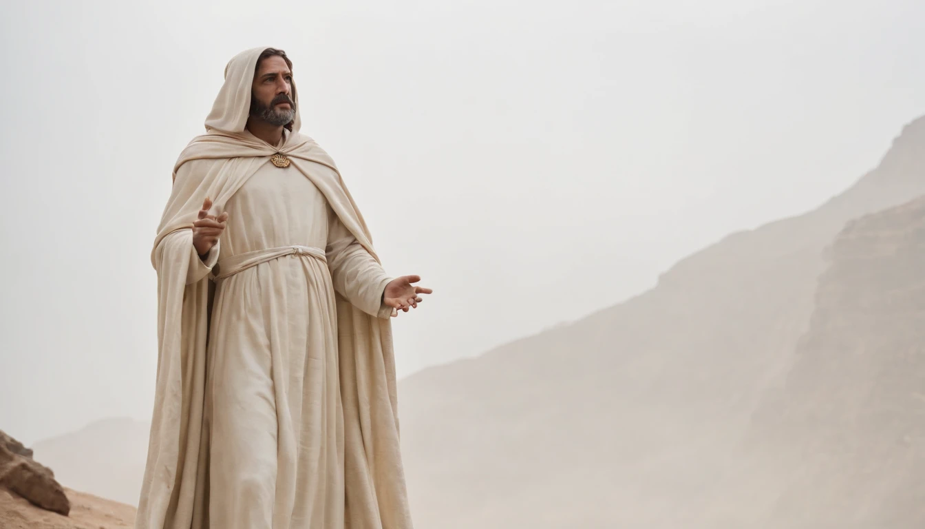 A strong full body statue, de marfim, with a serious face. The statue wears an ivory cloak to cover only the lower part. Estoicismo.