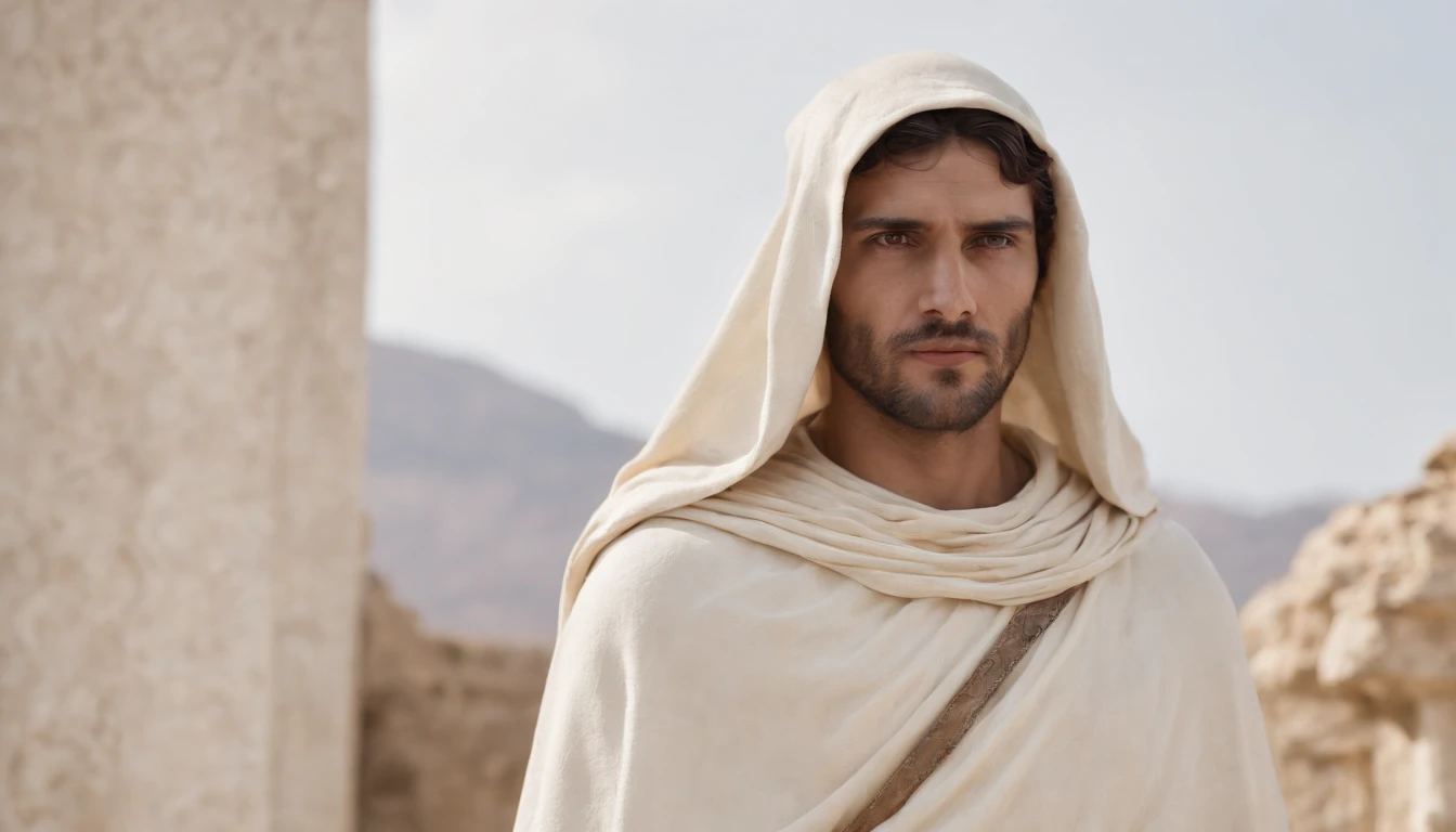 A strong full body statue, de marfim, with a serious face. The statue wears an ivory cloak to cover only the lower part. Estoicismo.