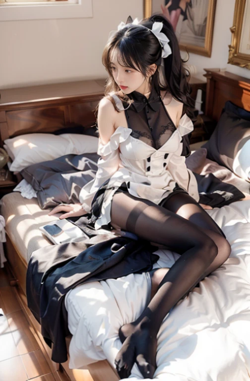 the maid outfit，without wearing shoes，100D black hip socks，blackstockings，black pantyhoses，Thick black stockings，Colossal tits，hip is cocked，super detailing，hyper HD,A high resolution,1080p,Anatomically correct，Acura，body coordination，Portrait photos，Delicatemakeup，slender thigh，Best quality, tmasterpiece, 超A high resolution, RAW photos, Beautiful and beautiful,deepshadow, (realistically:1.4), full-body composition, Striking perspective，nake