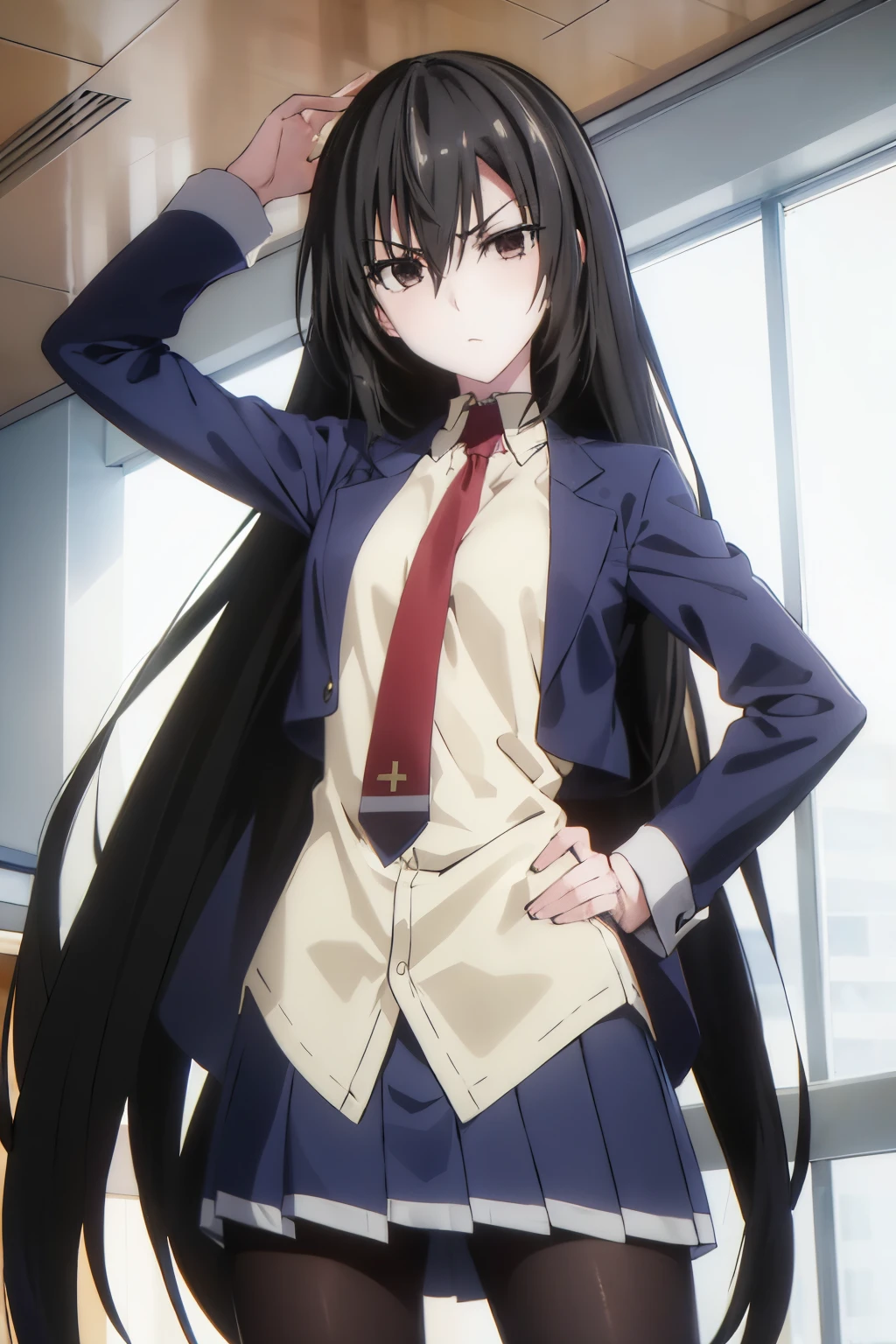 1girl, KirukiruAmou, short jacket, red necktie, blue skirt, pantyhose, solo, serious, very long hair, head tilt, mad, serious, school, arm up,(leaning forward:1.1), (hand on hip:1.2),