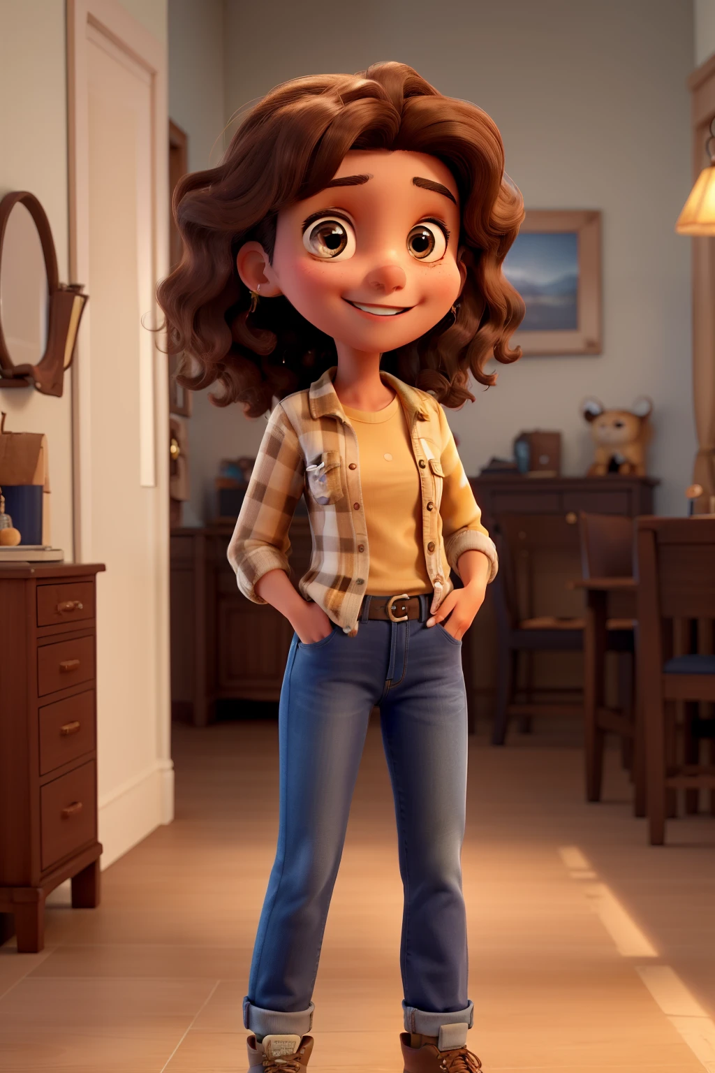 Masterpiece movie of a beautiful kind light brown 20 ers old girl with wavy medium brown hair and brown sparkle eye and with a bright smile wearing blue wide jeans with a brown shirt and black converse