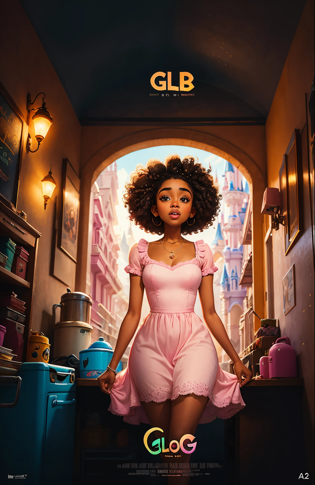 Film poster inspired by Disney and Pixar with the title "Glo". A 21-year-old black woman, curly hair with brown , wearing a pink sexy dress..